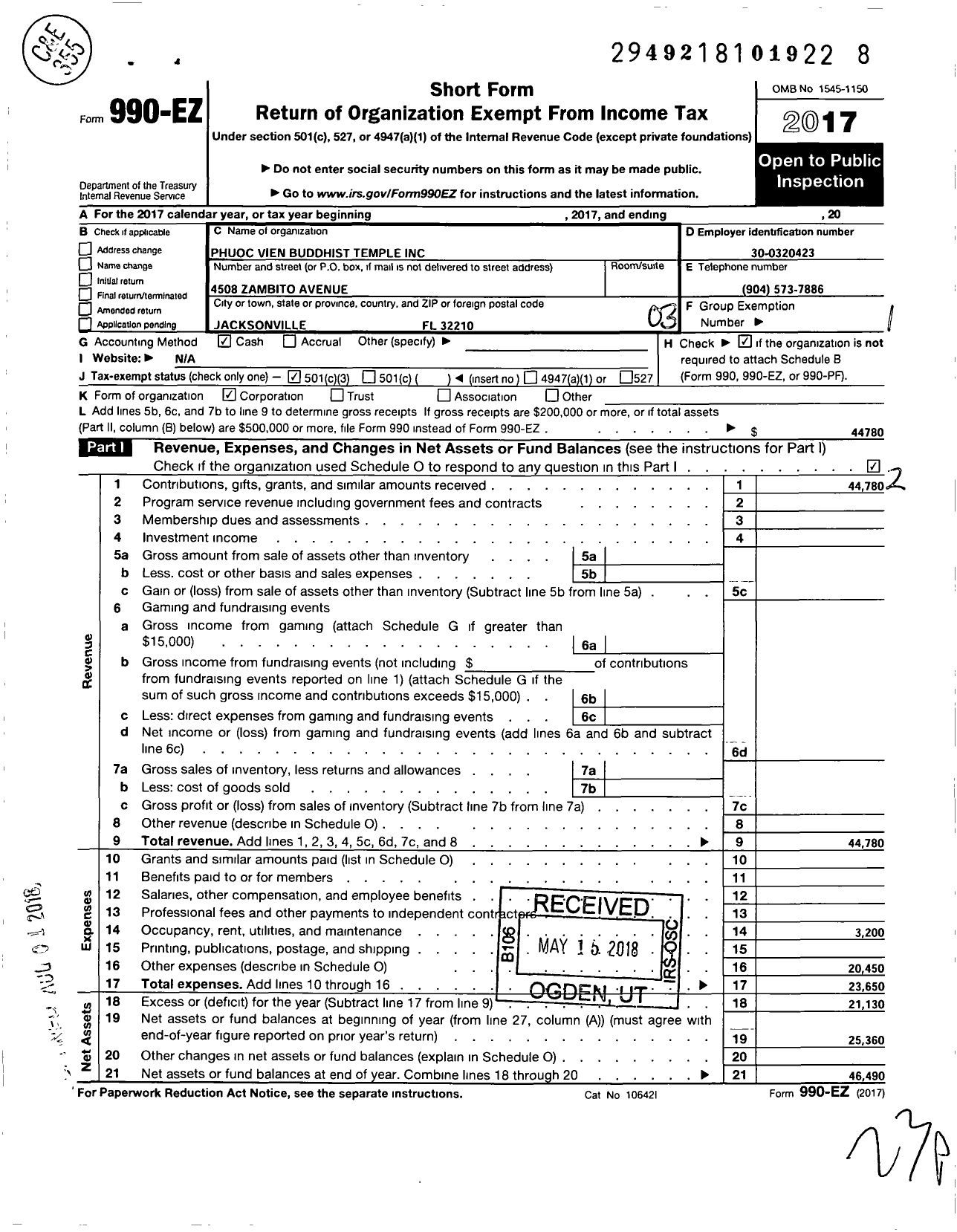 Image of first page of 2017 Form 990EZ for Phuoc Vien Buddhist Temple