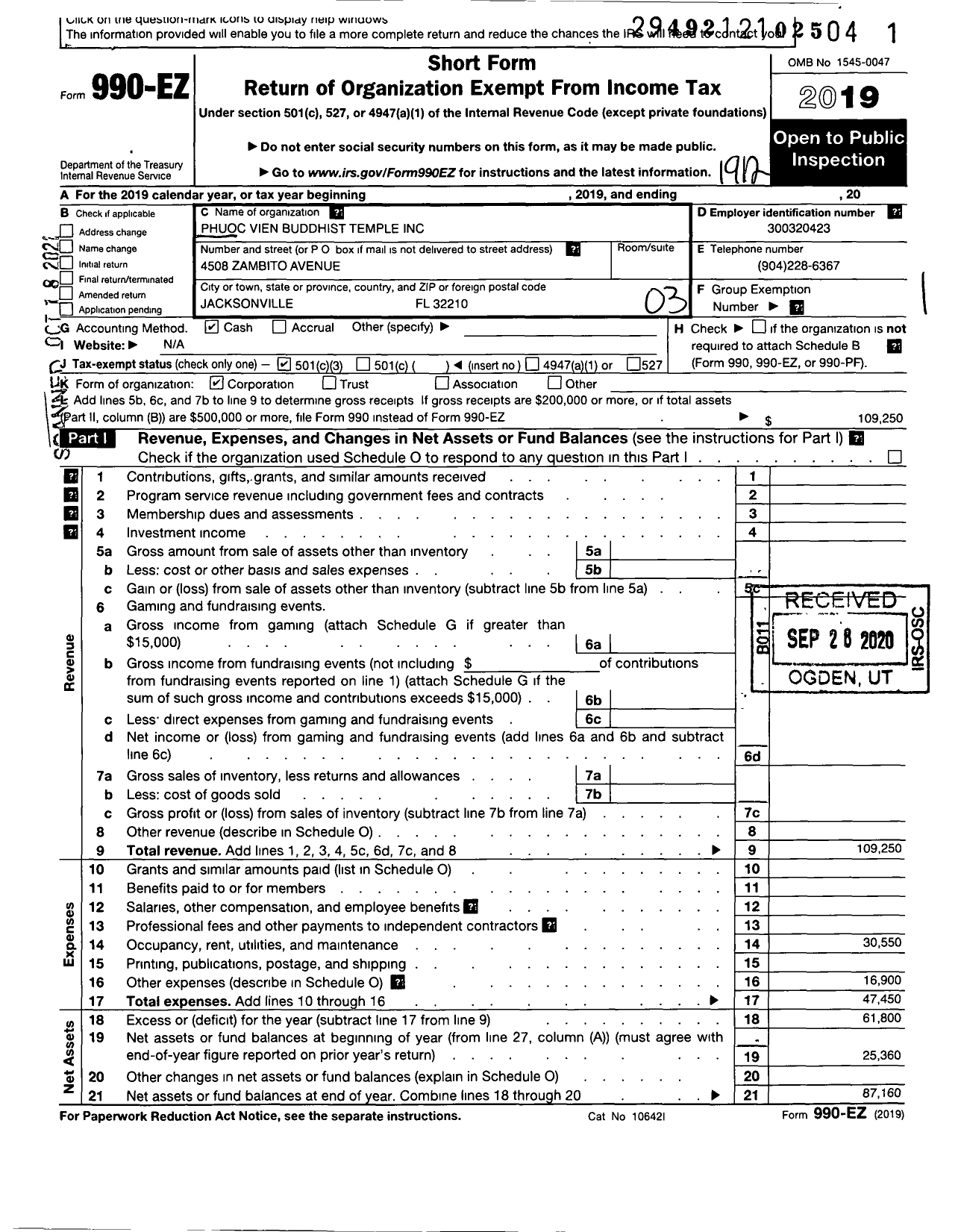 Image of first page of 2019 Form 990EZ for Phuoc Vien Buddhist Temple