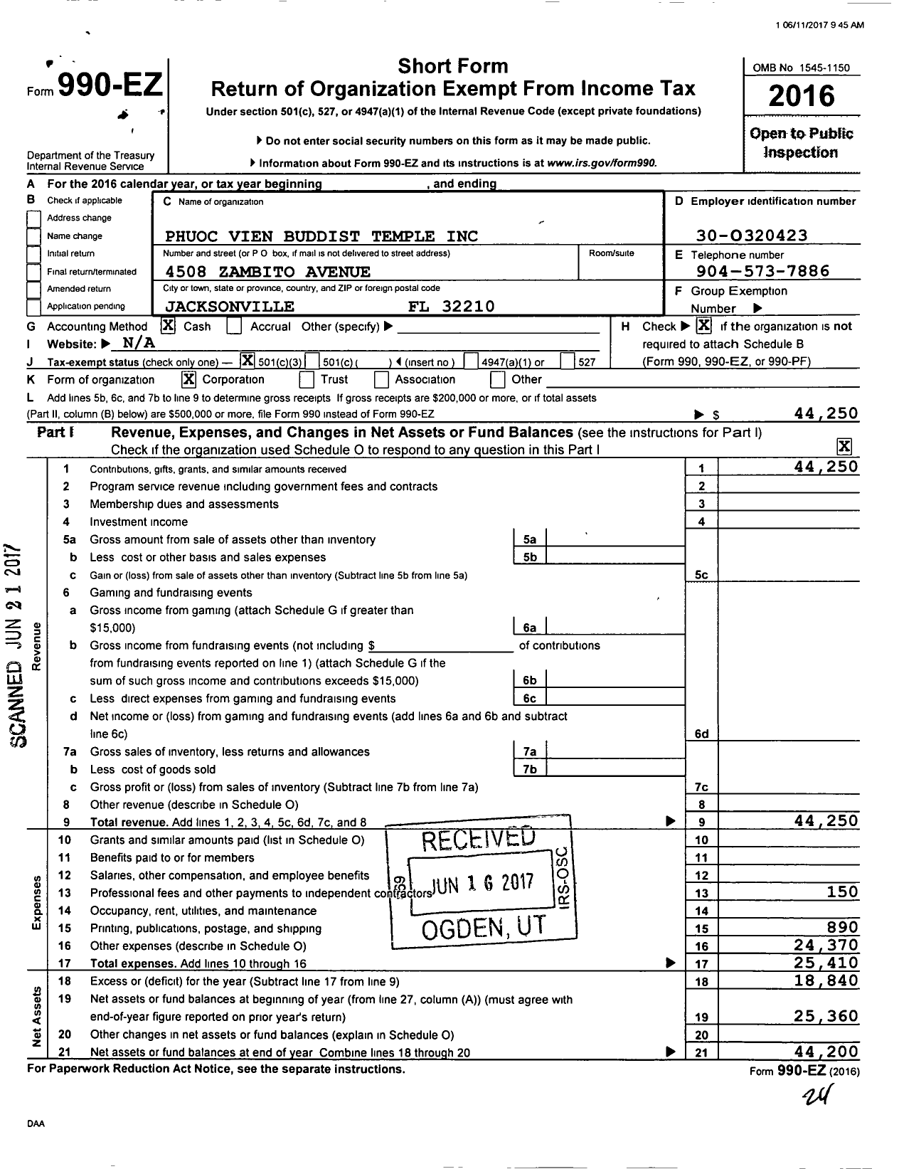 Image of first page of 2016 Form 990EZ for Phuoc Vien Buddhist Temple