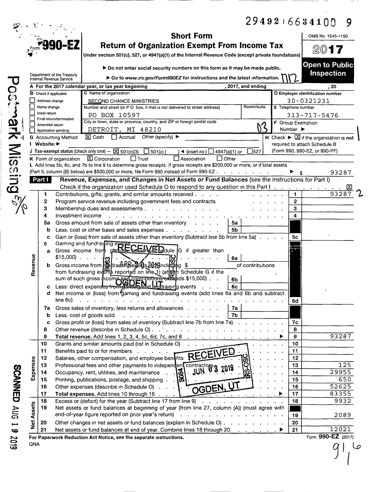 Image of first page of 2017 Form 990EZ for Second Chance Ministries