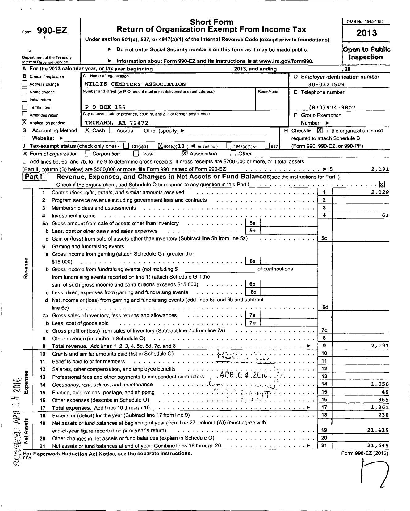 Image of first page of 2013 Form 990EO for Willis Cemetery Association