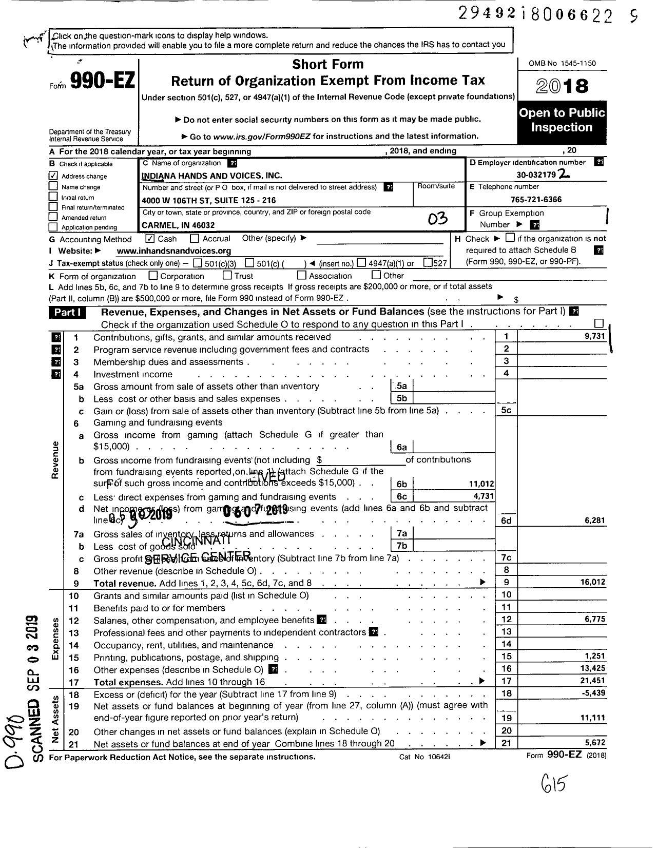 Image of first page of 2018 Form 990EZ for Indiana Hands and Voices Corporation