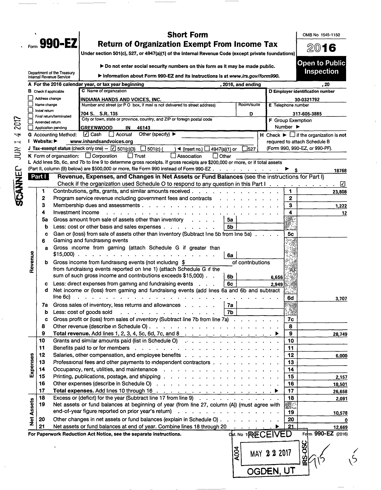 Image of first page of 2016 Form 990EZ for Indiana Hands and Voices Corporation