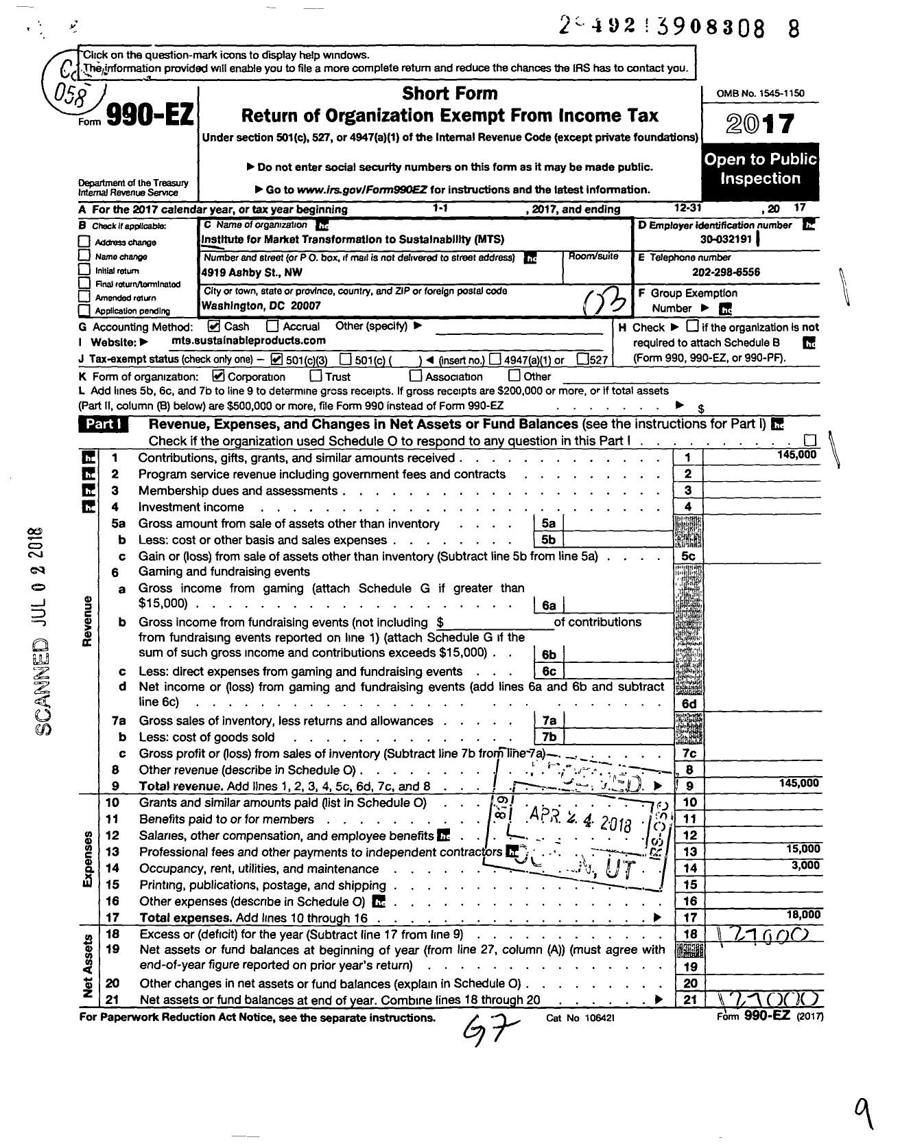 Image of first page of 2017 Form 990EZ for Institute for Market Transformation To Sustainability