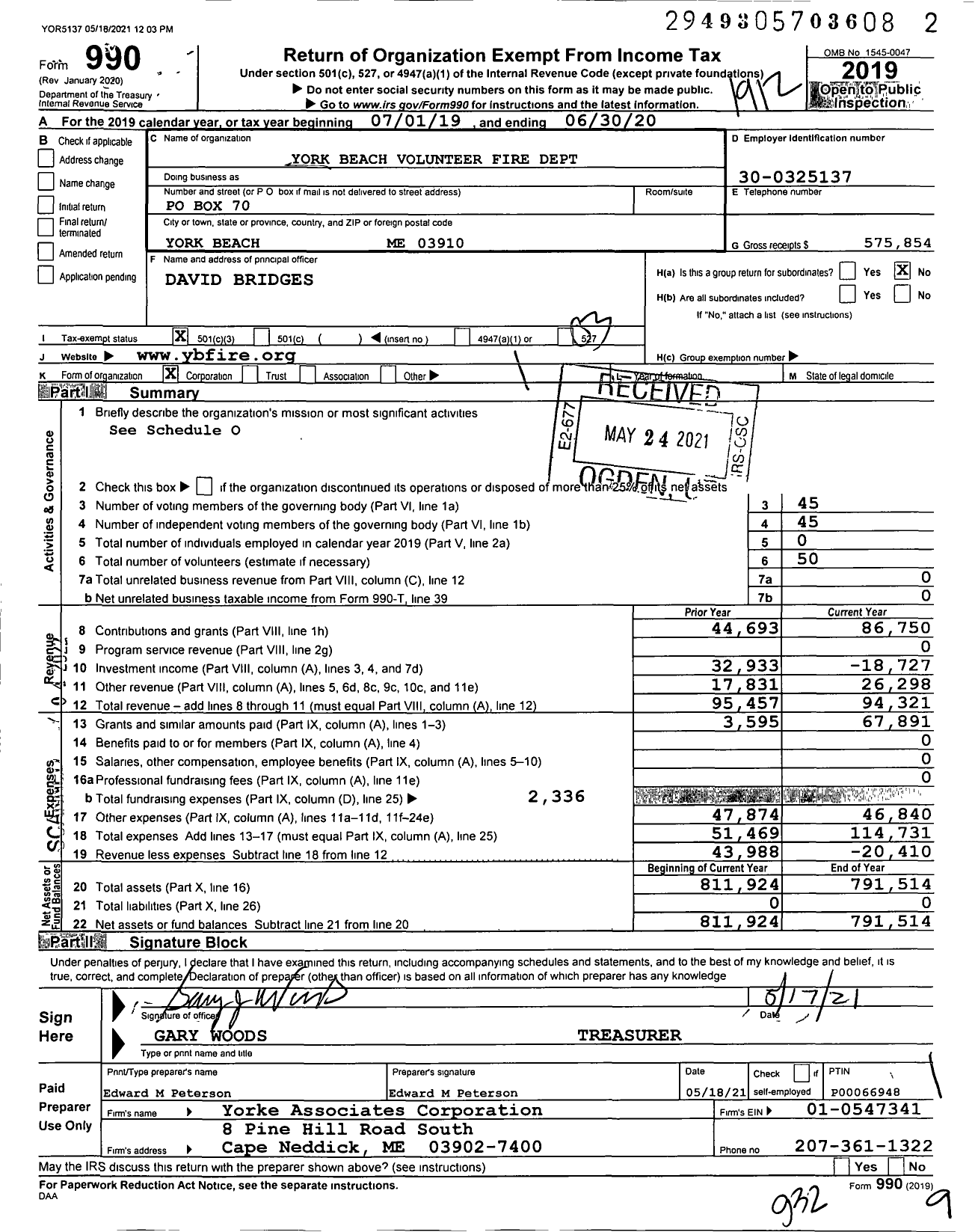 Image of first page of 2019 Form 990 for York Beach Volunteer Fire Dept