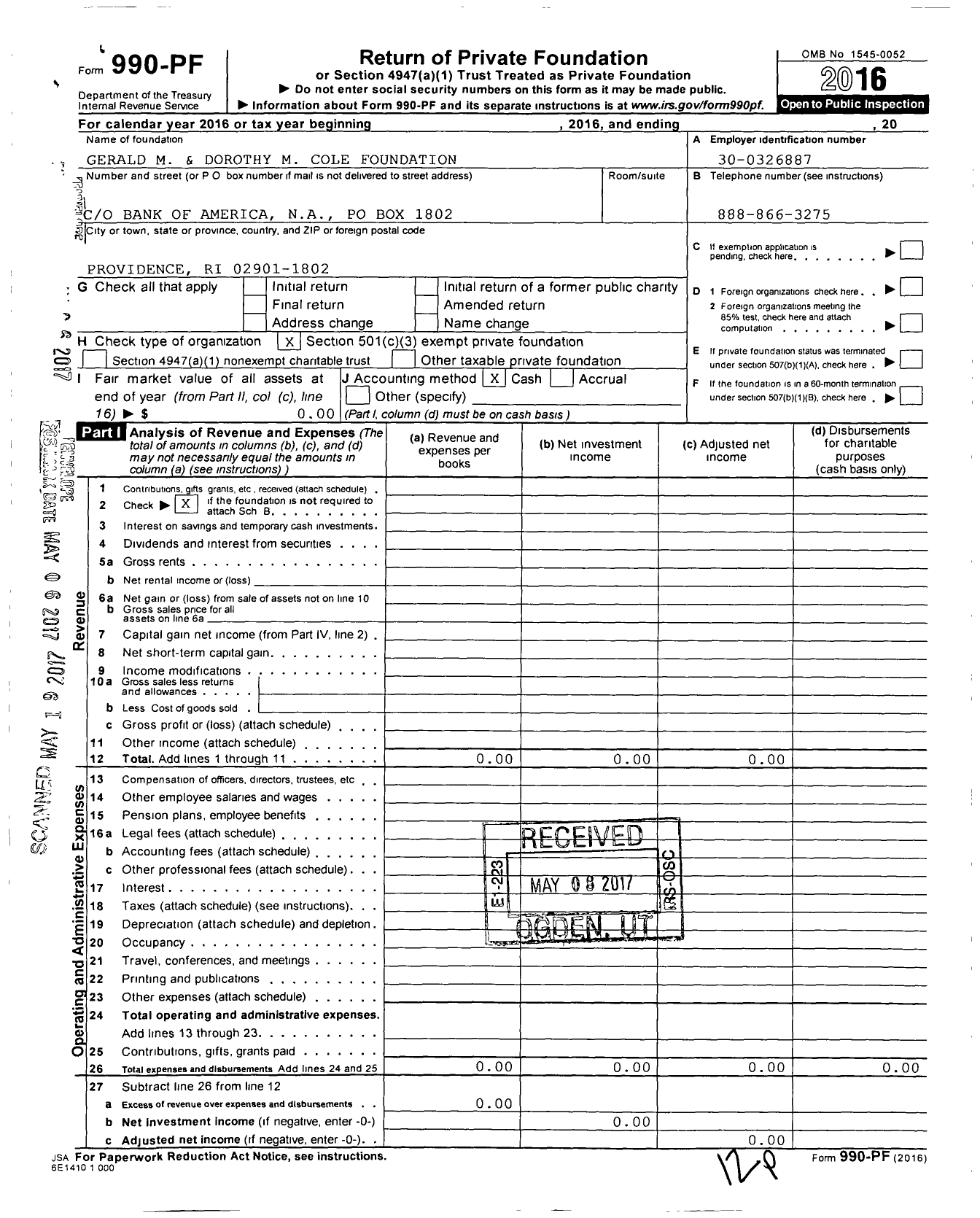 Image of first page of 2016 Form 990PF for Gerald M and Dorothy M Cole Foundation