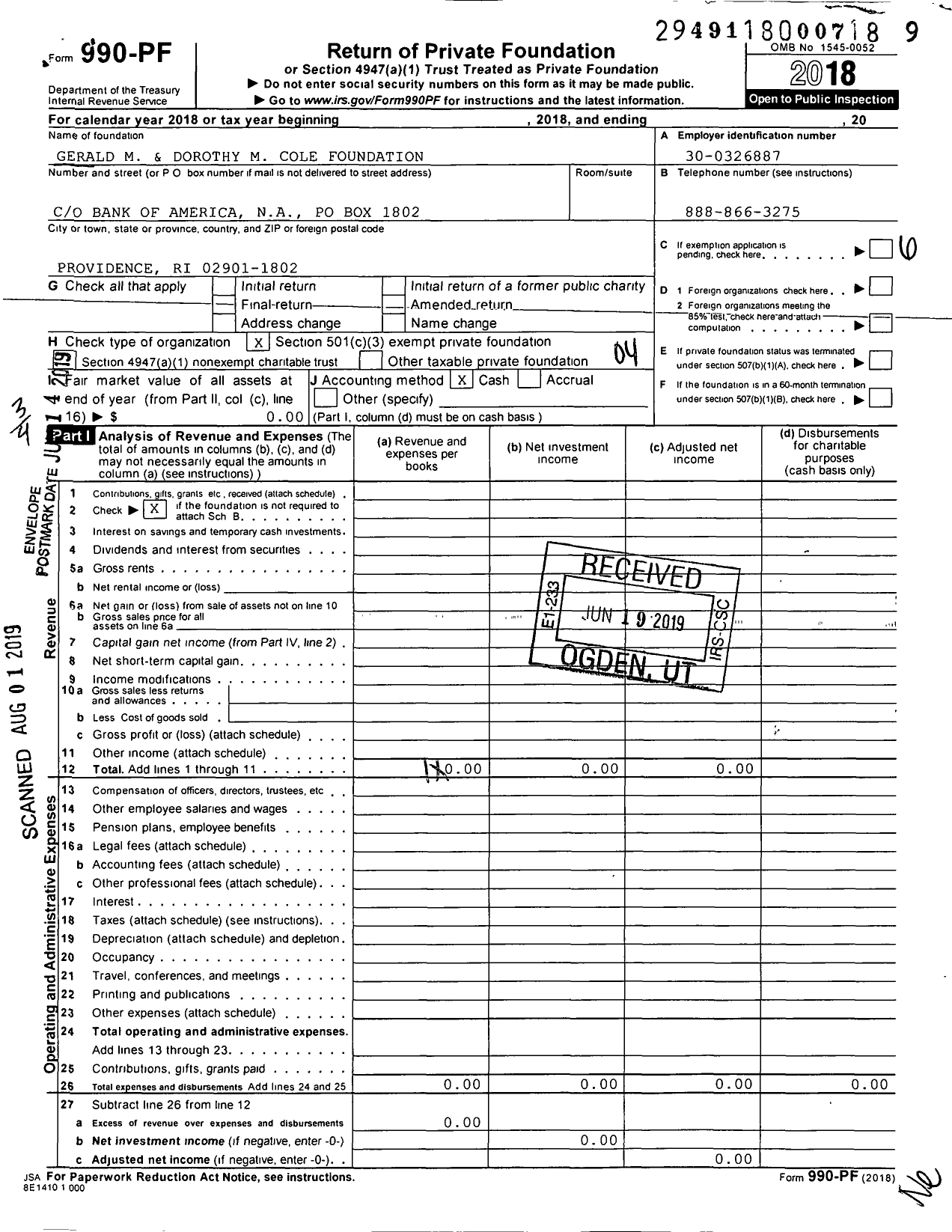 Image of first page of 2018 Form 990PF for Gerald M and Dorothy M Cole Foundation