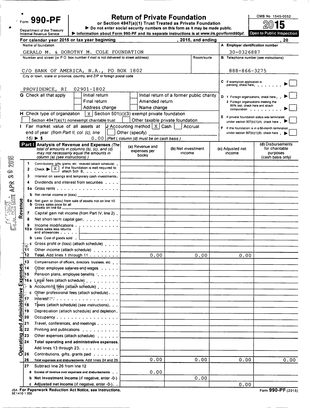 Image of first page of 2015 Form 990PF for Gerald M and Dorothy M Cole Foundation