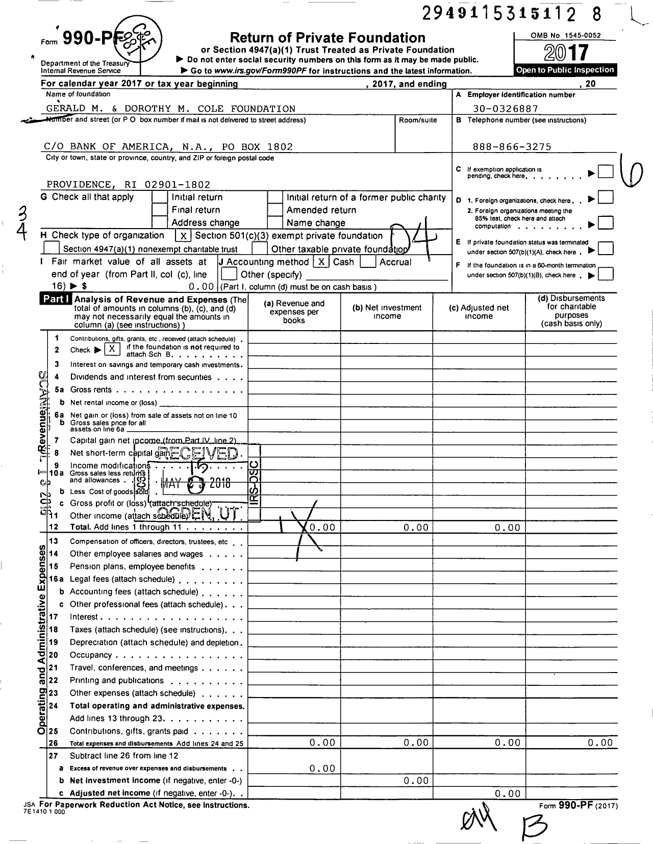 Image of first page of 2017 Form 990PF for Gerald M and Dorothy M Cole Foundation