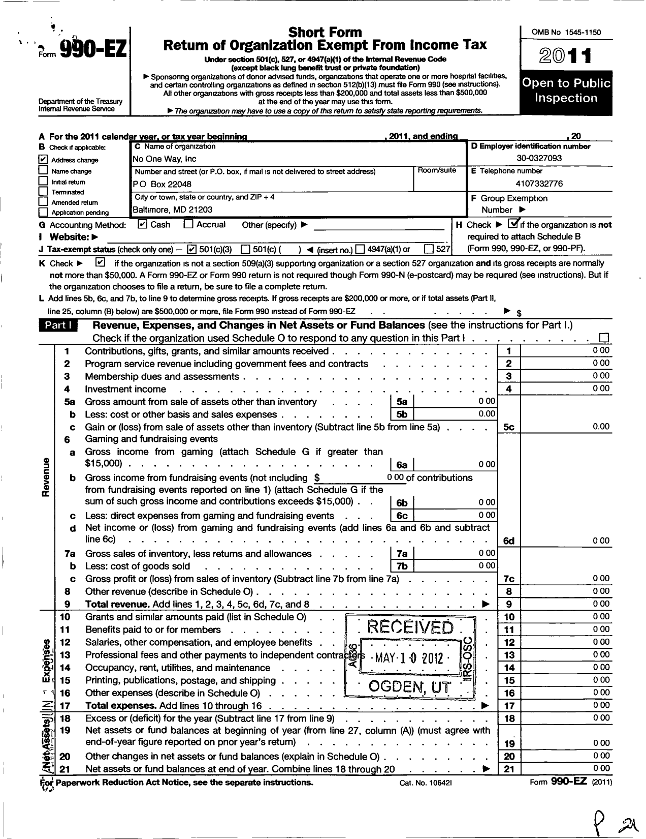 Image of first page of 2011 Form 990EZ for No One Way