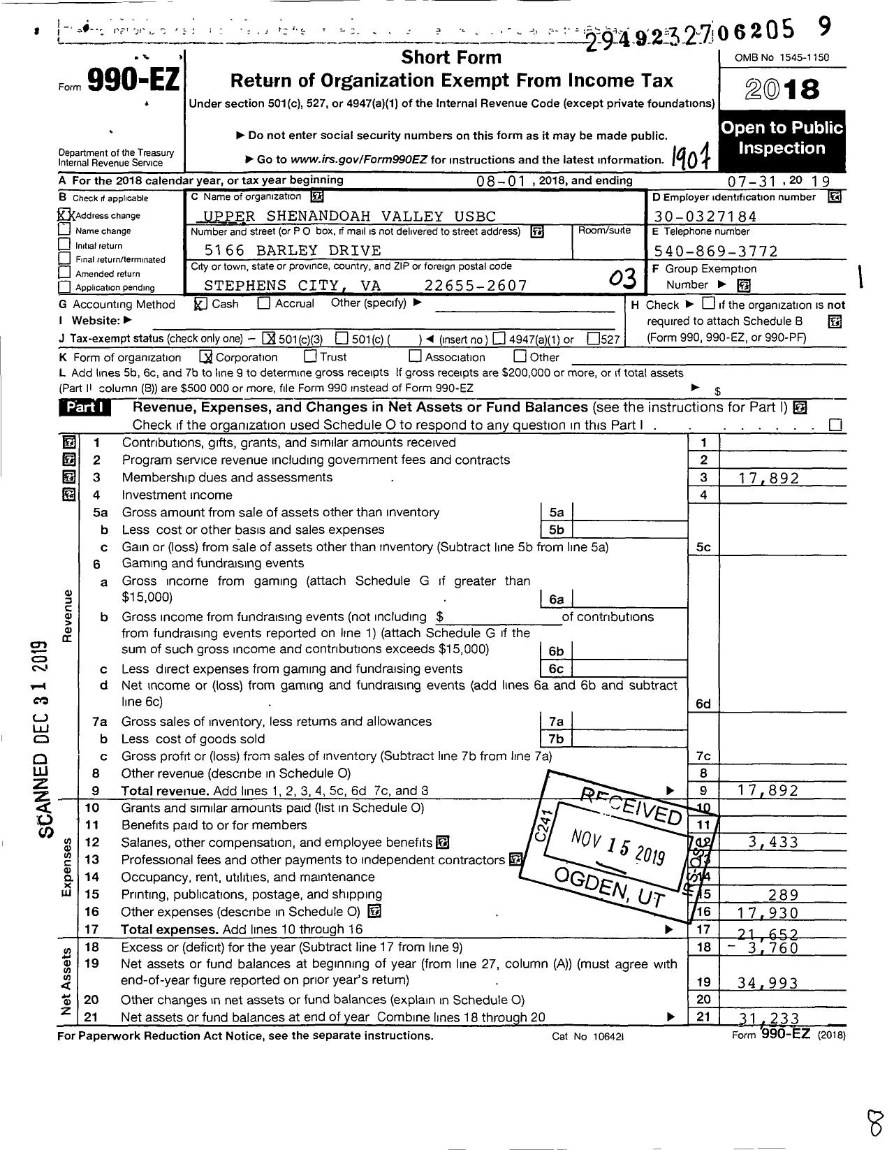 Image of first page of 2018 Form 990EZ for United States Bowling Congress - 80311 Upper Shenandoah Valley Usbc