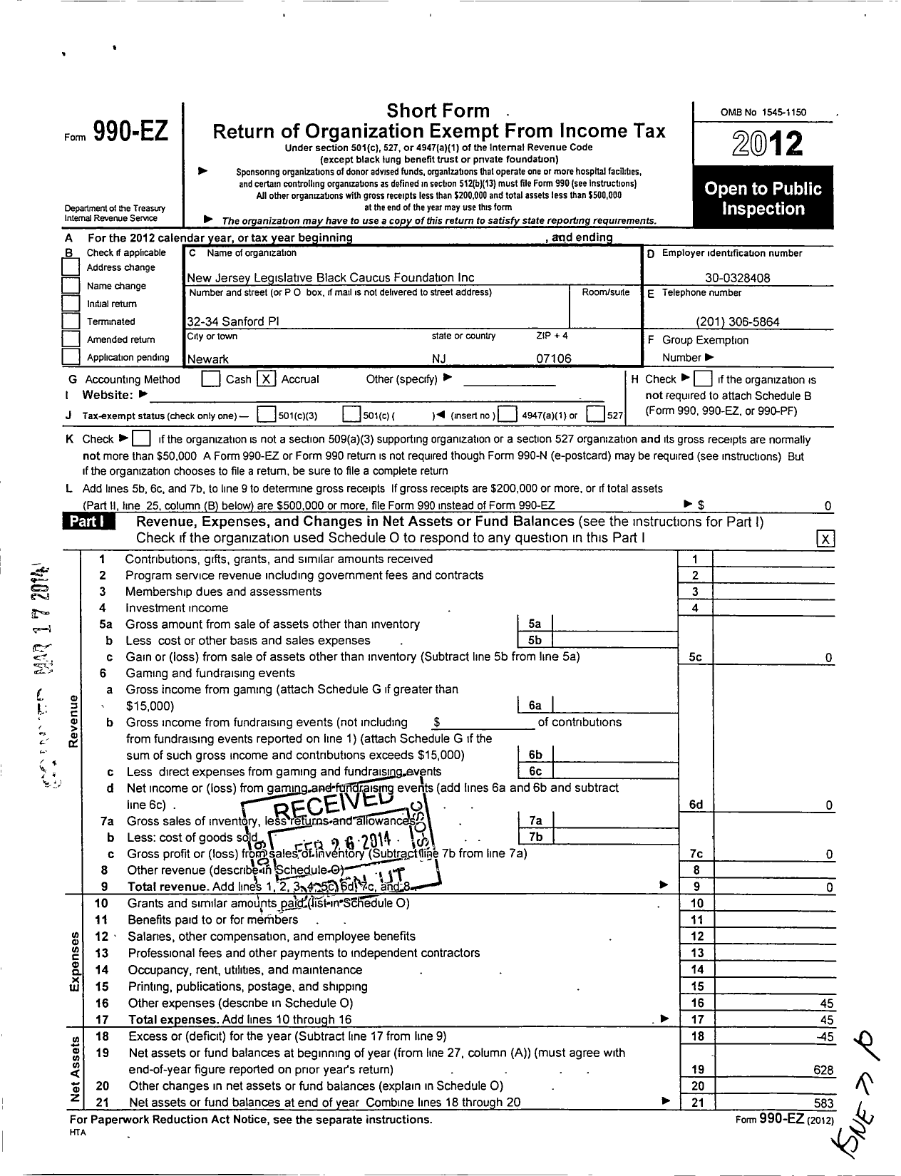 Image of first page of 2012 Form 990EO for New Jersey Black Caucus Foundation