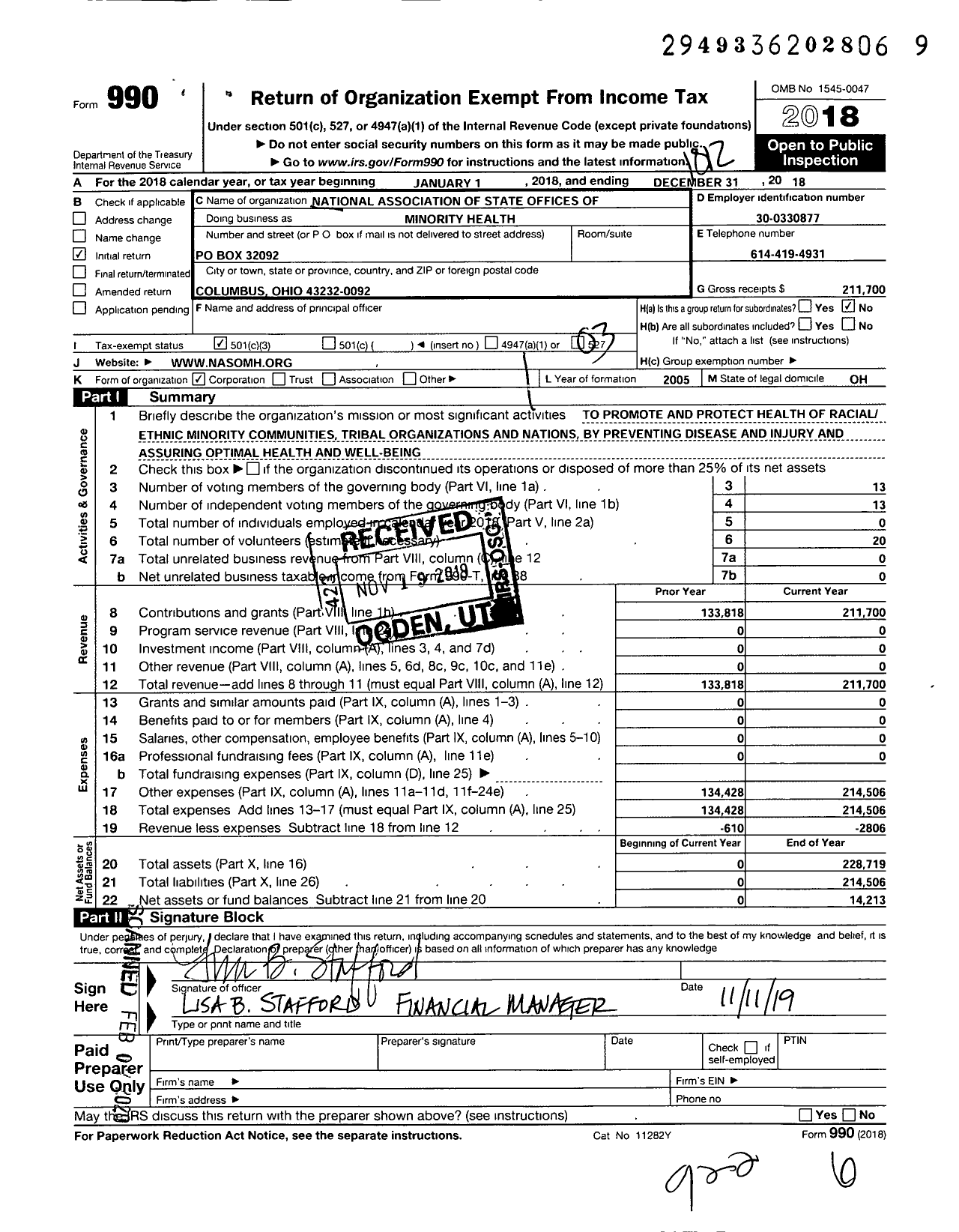 Image of first page of 2018 Form 990 for National Association of State Offices of Minority Health