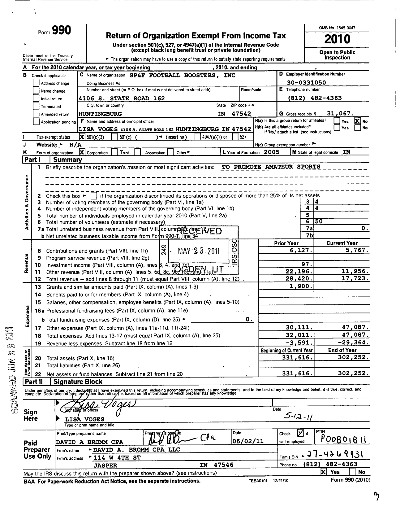 Image of first page of 2010 Form 990 for SP and F Football Boosters