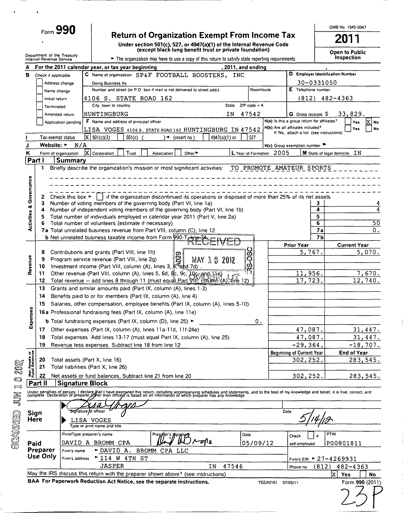 Image of first page of 2011 Form 990 for SP and F Football Boosters