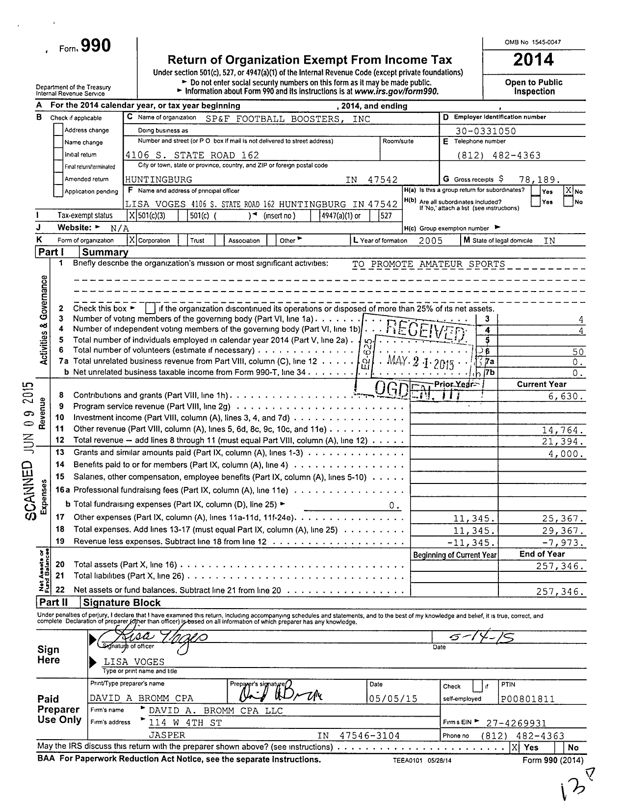 Image of first page of 2014 Form 990 for SP and F Football Boosters