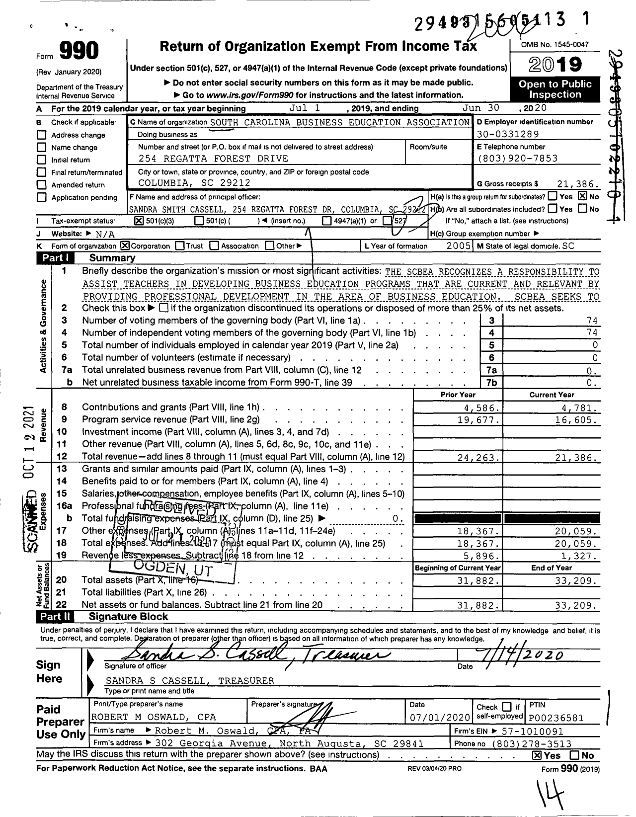 Image of first page of 2019 Form 990 for South Carolina Business Education Association