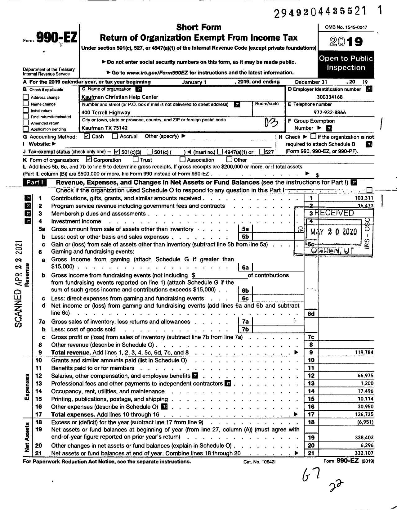 Image of first page of 2019 Form 990EZ for Kaufman Christian Help Center