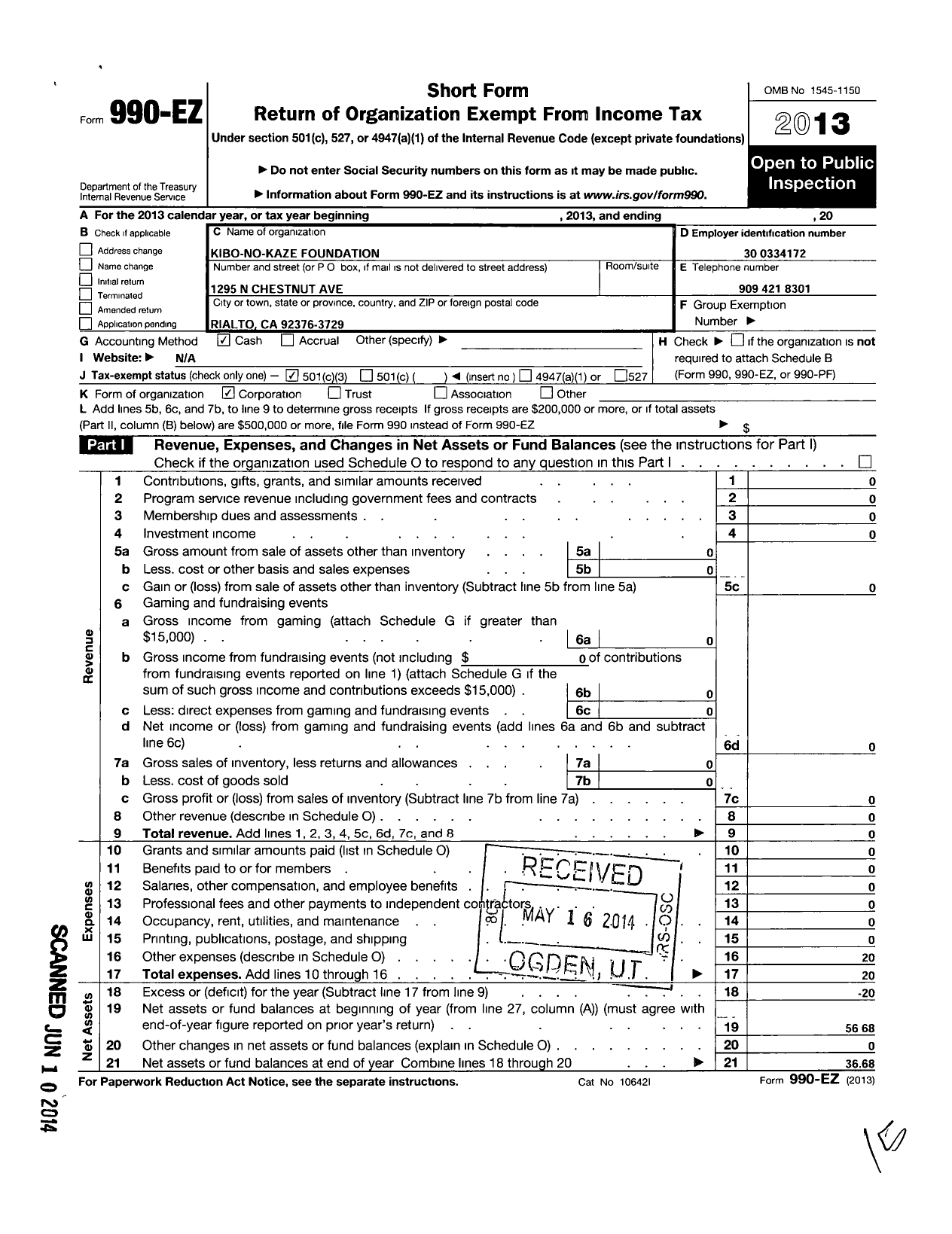 Image of first page of 2013 Form 990EZ for Kibo No Kaze Foundation