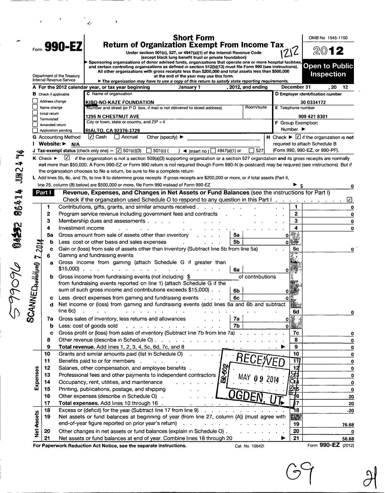 Image of first page of 2012 Form 990EZ for Kibo No Kaze Foundation