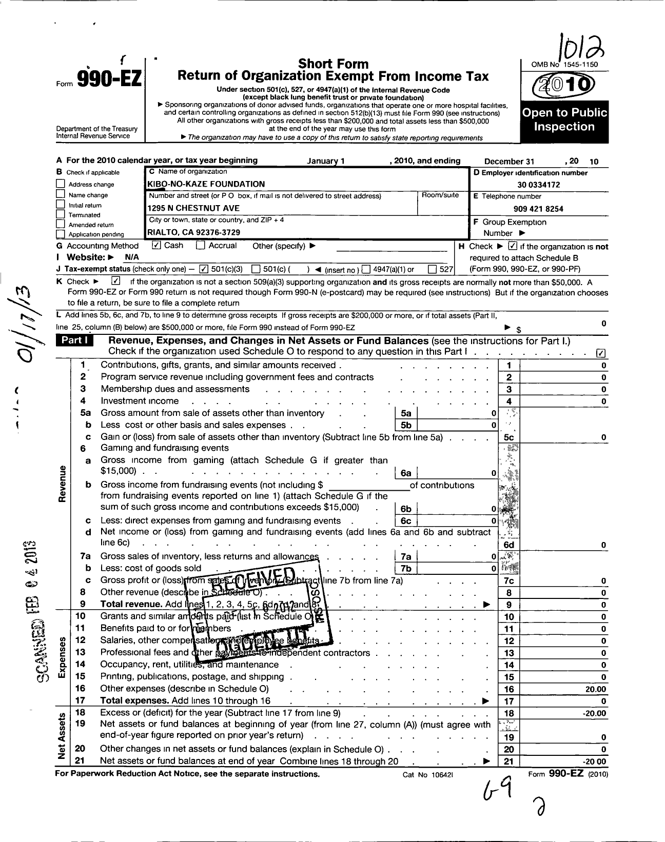 Image of first page of 2010 Form 990EZ for Kibo No Kaze Foundation