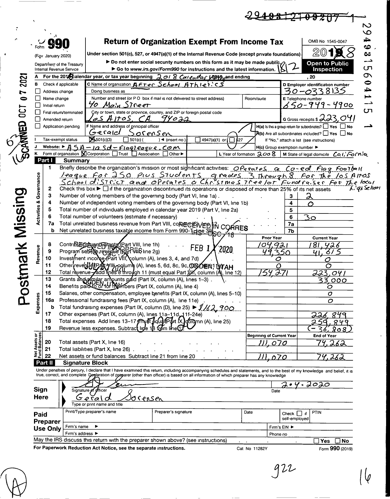 Image of first page of 2018 Form 990 for After School Athletics