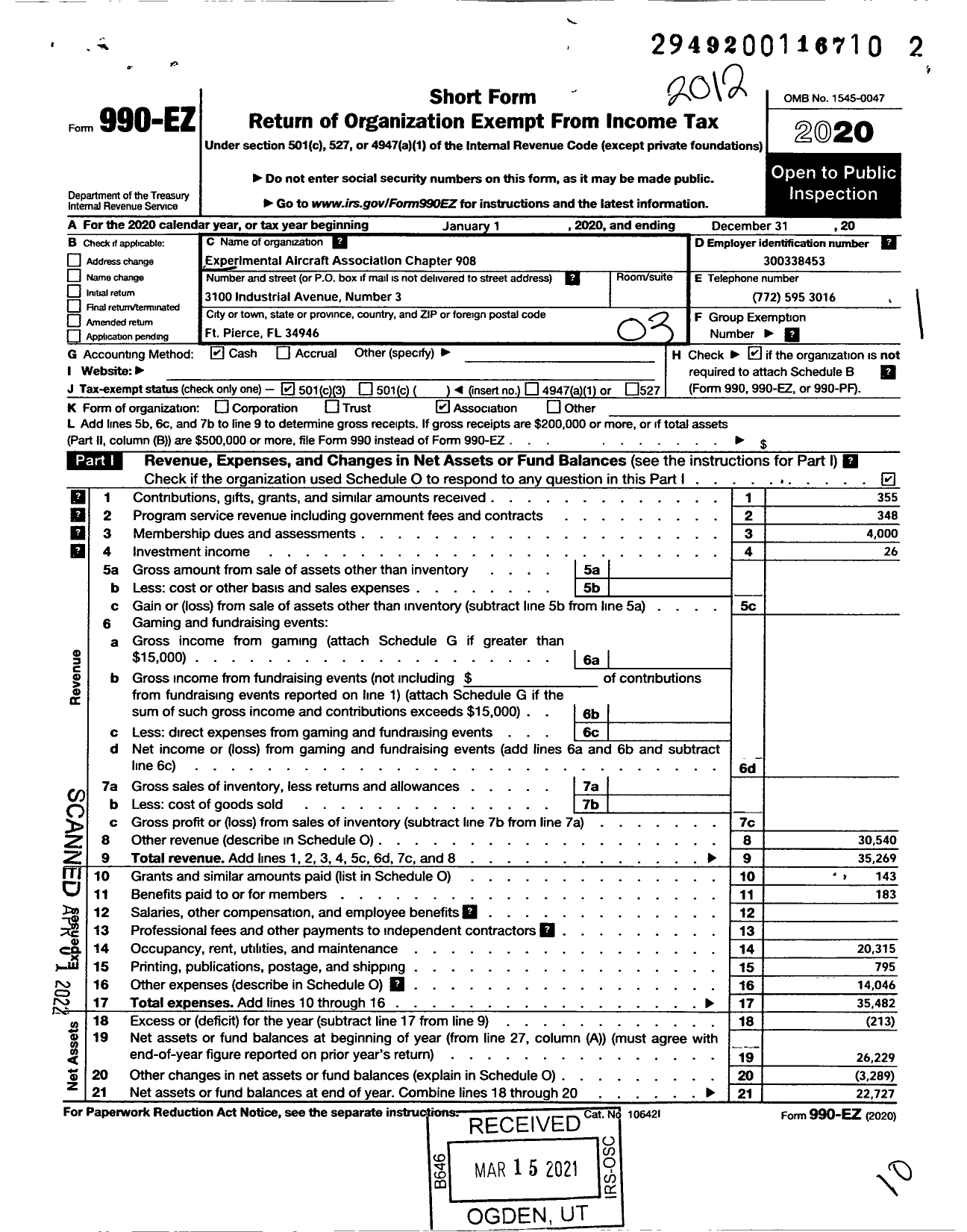 Image of first page of 2020 Form 990EZ for Expermental Aircraft Association Chapter 908