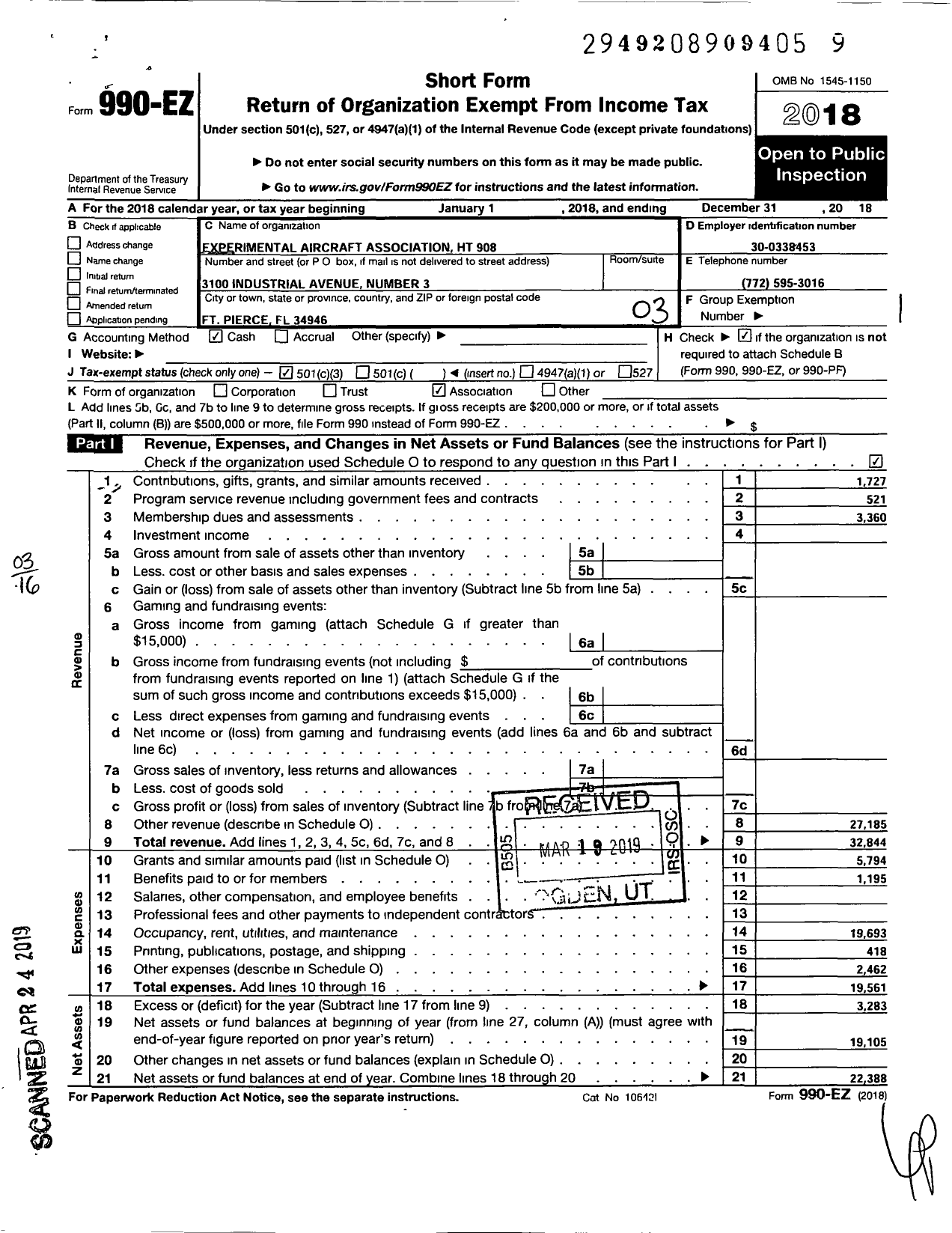 Image of first page of 2018 Form 990EZ for Expermental Aircraft Association Chapter 908