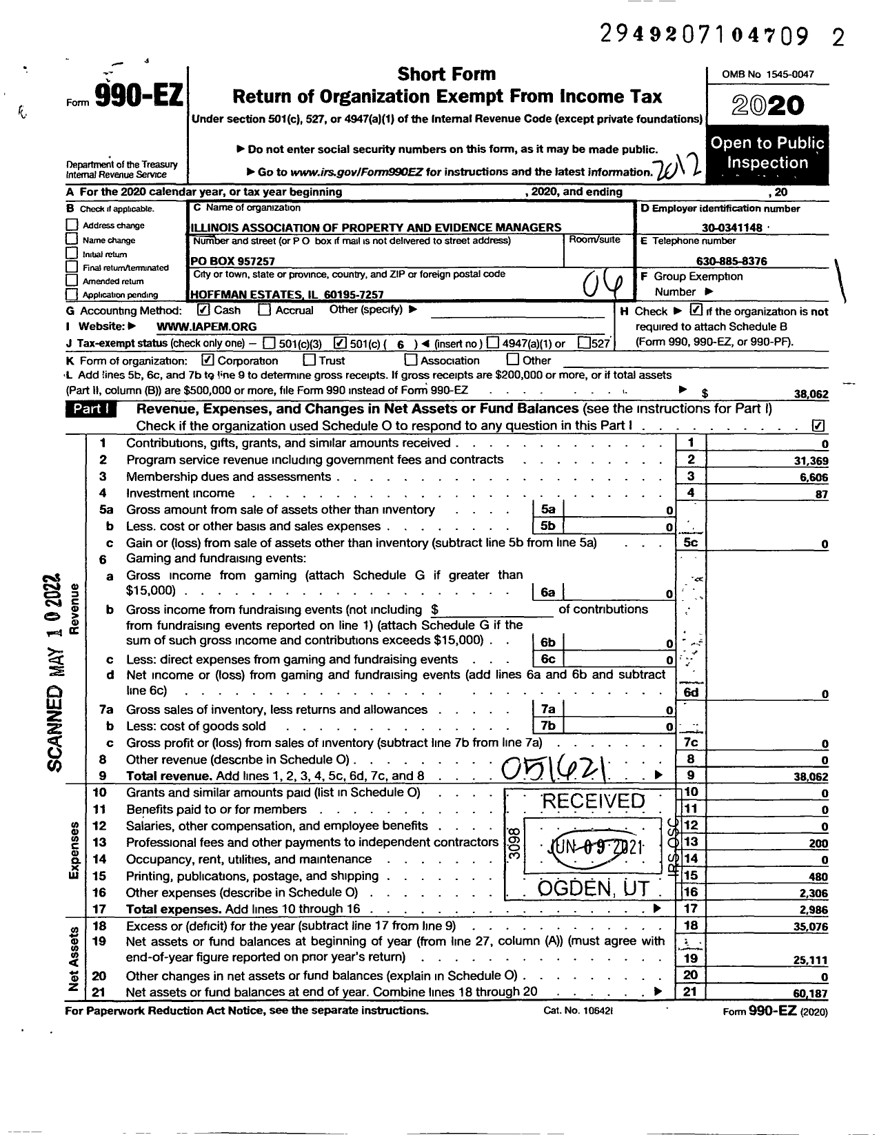 Image of first page of 2020 Form 990EO for Illinois Association of Property and Evidence Managers