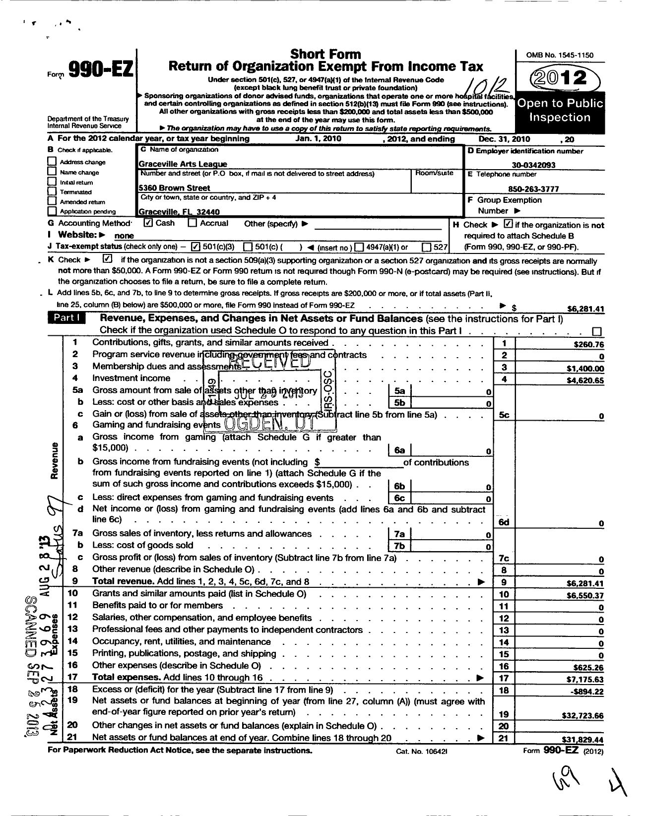 Image of first page of 2010 Form 990EZ for Graceville Arts League