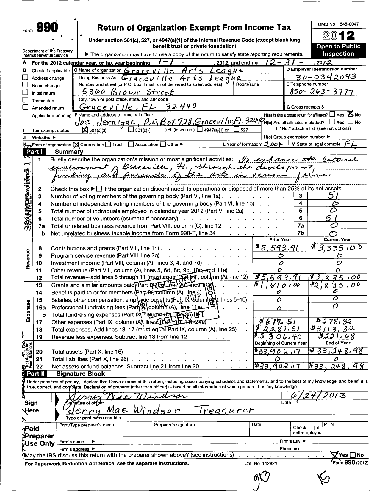 Image of first page of 2012 Form 990 for Graceville Arts League