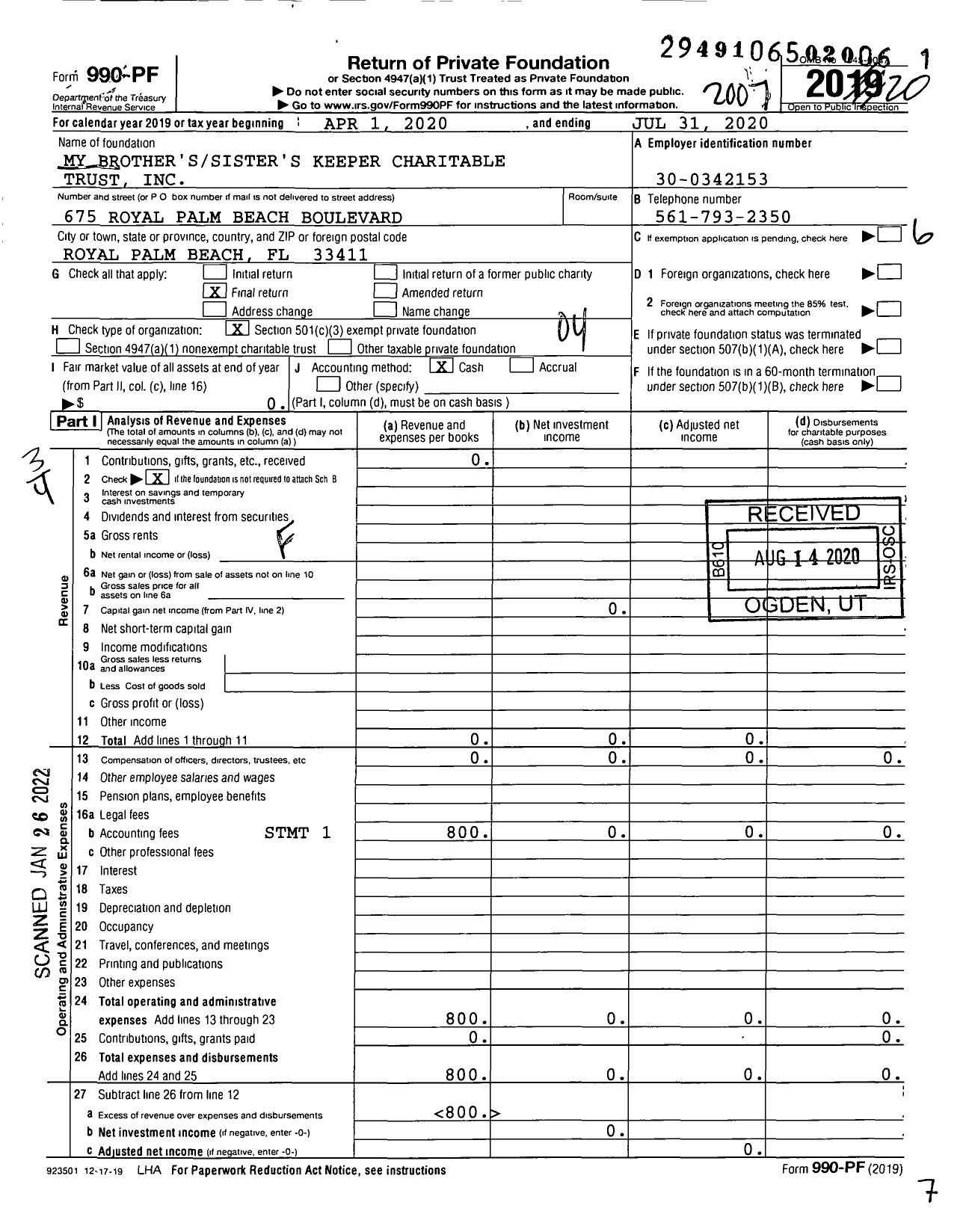 Image of first page of 2019 Form 990PF for My Brother'sSister's Keeper Charitable Trust