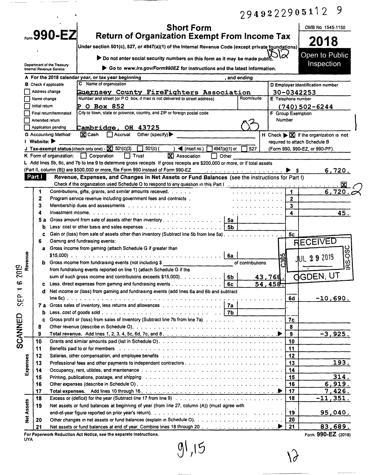 Image of first page of 2018 Form 990EZ for Guernsey County FireFighters Association