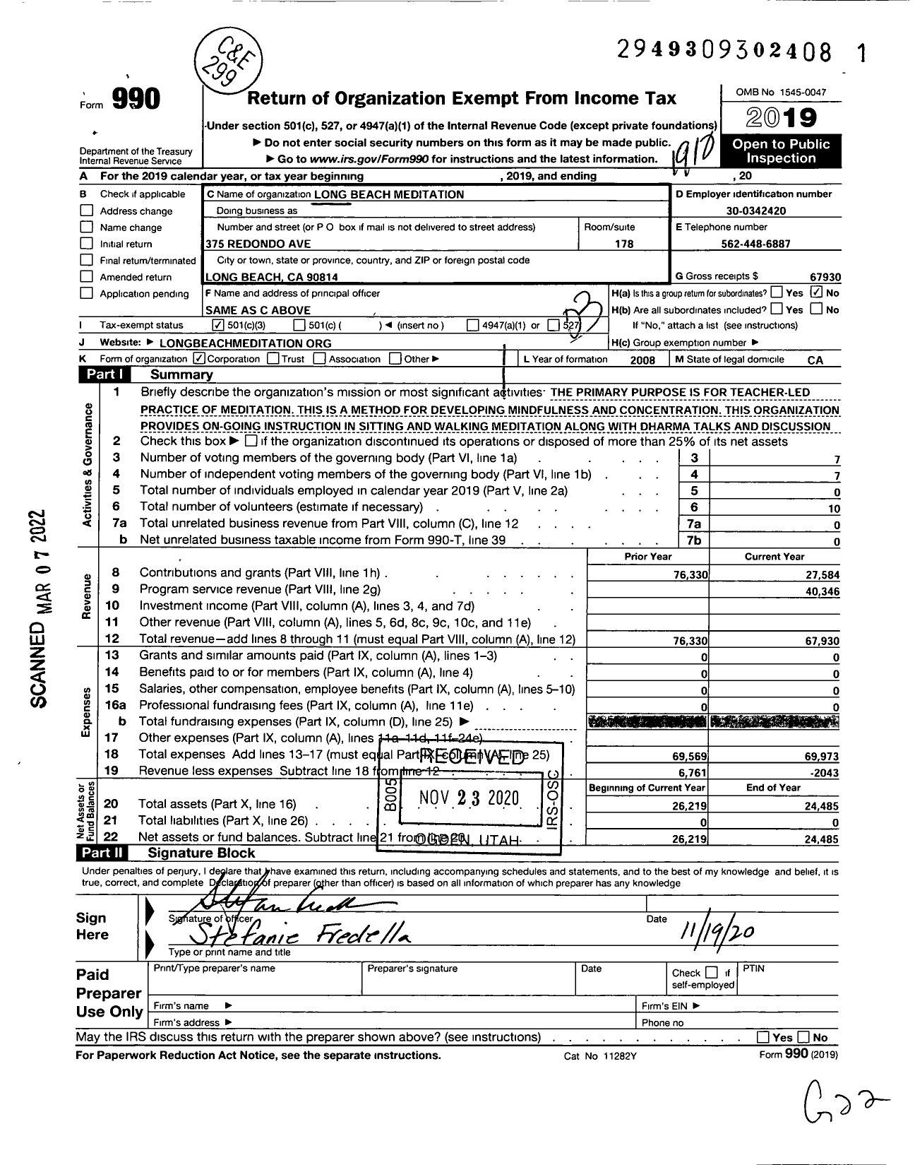 Image of first page of 2019 Form 990 for Long Beach Meditation