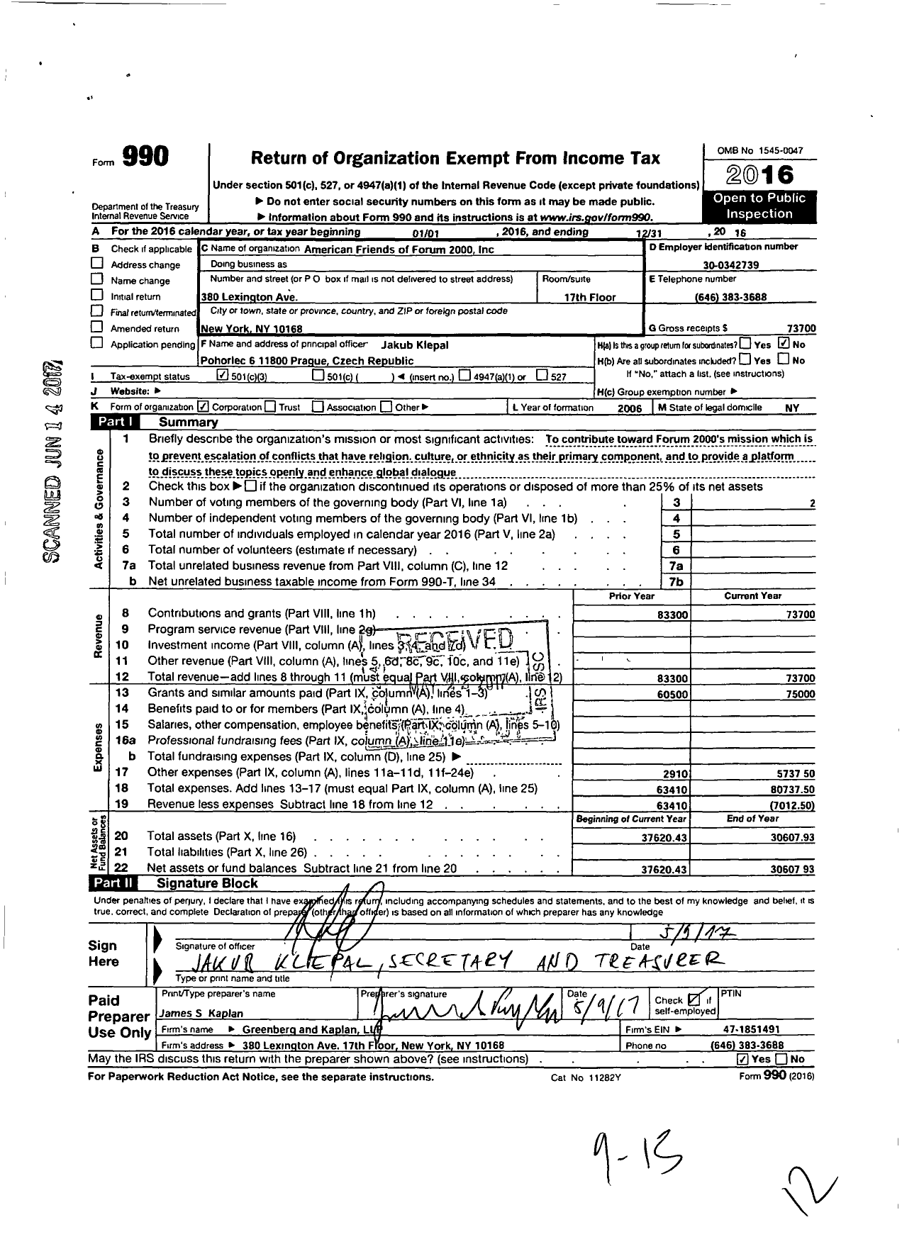 Image of first page of 2016 Form 990 for American Friends of Forum 2000