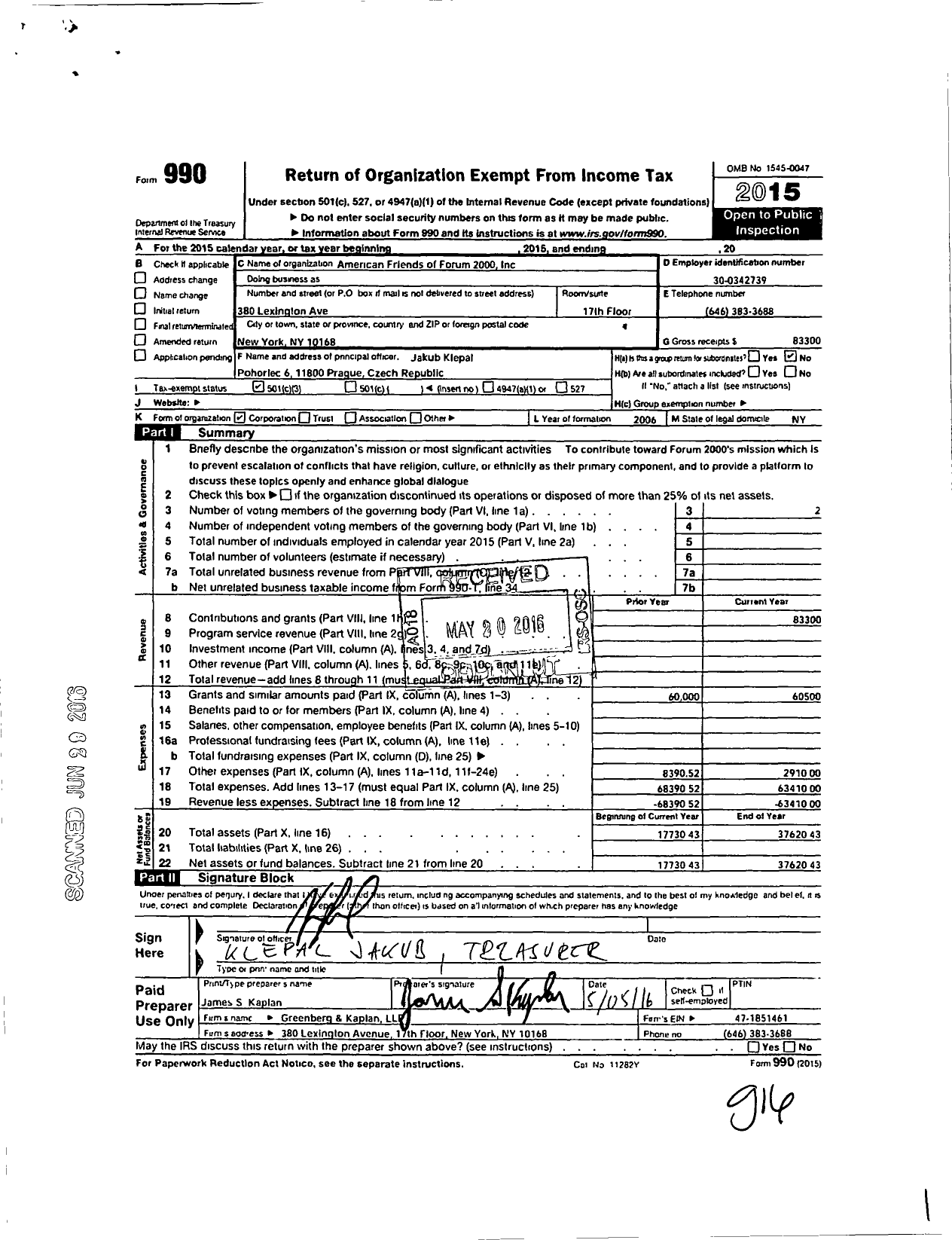 Image of first page of 2015 Form 990 for American Friends of Forum 2000