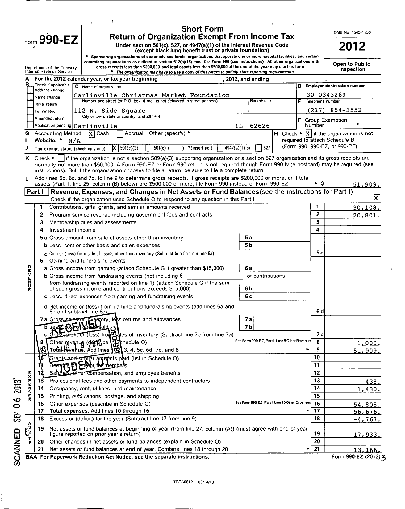 Image of first page of 2012 Form 990EZ for Carlinville Christmas Market Foundation
