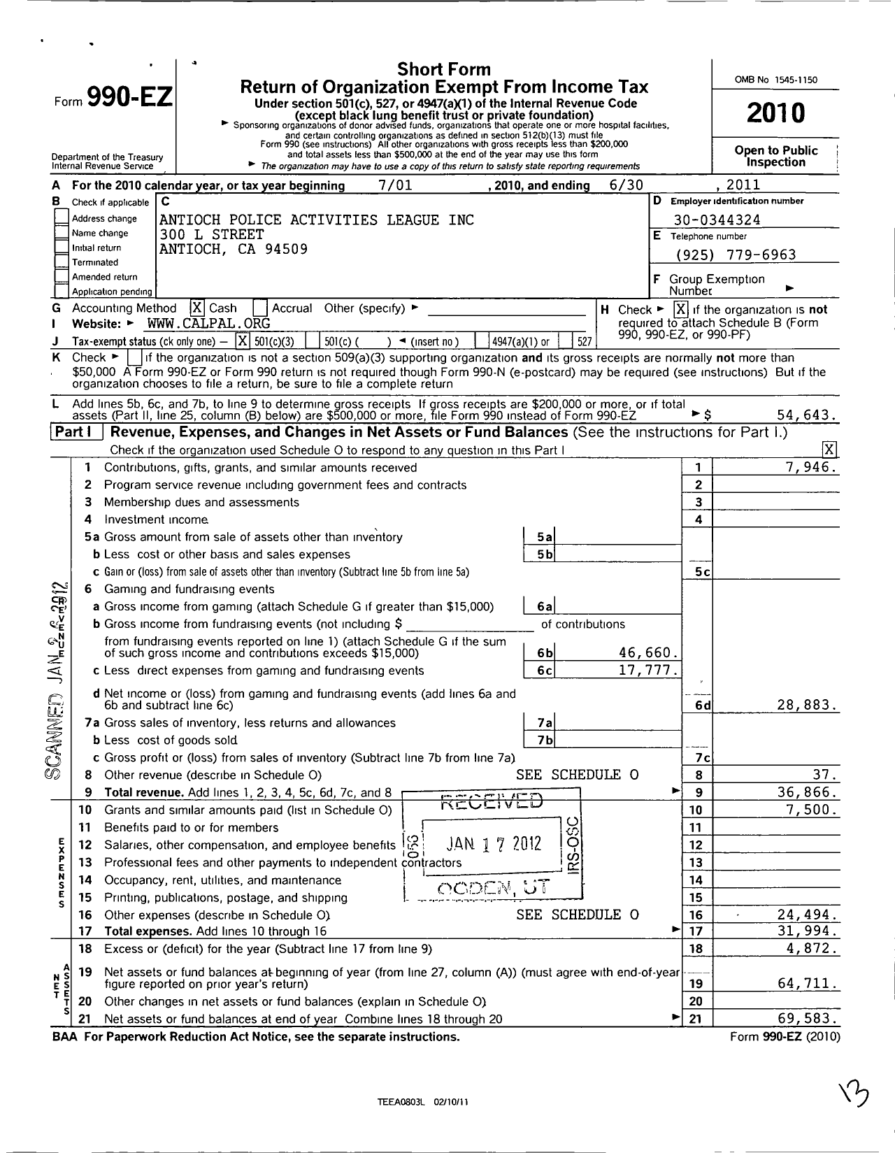 Image of first page of 2010 Form 990EZ for Antioch Police Activities League