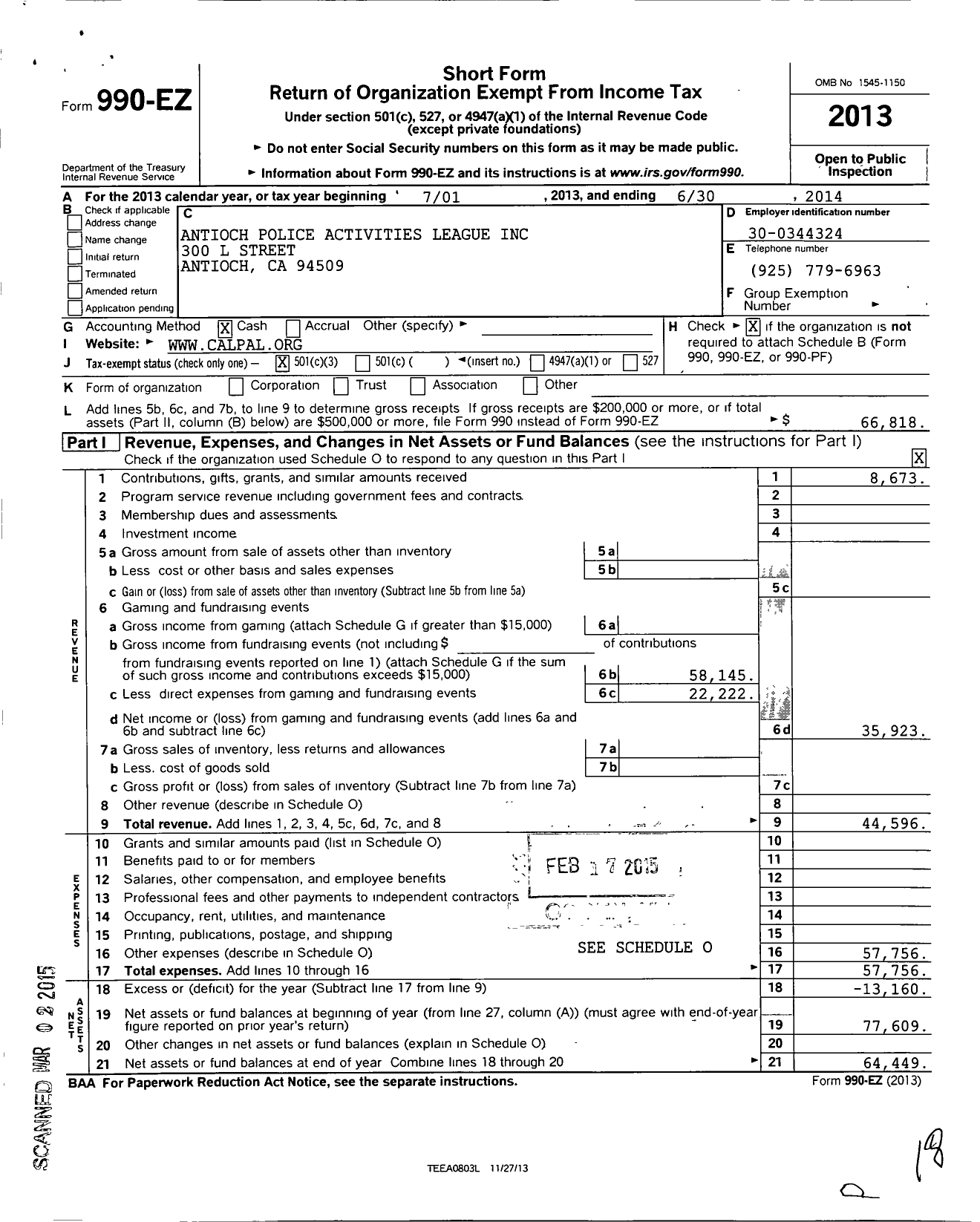 Image of first page of 2013 Form 990EZ for Antioch Police Activities League