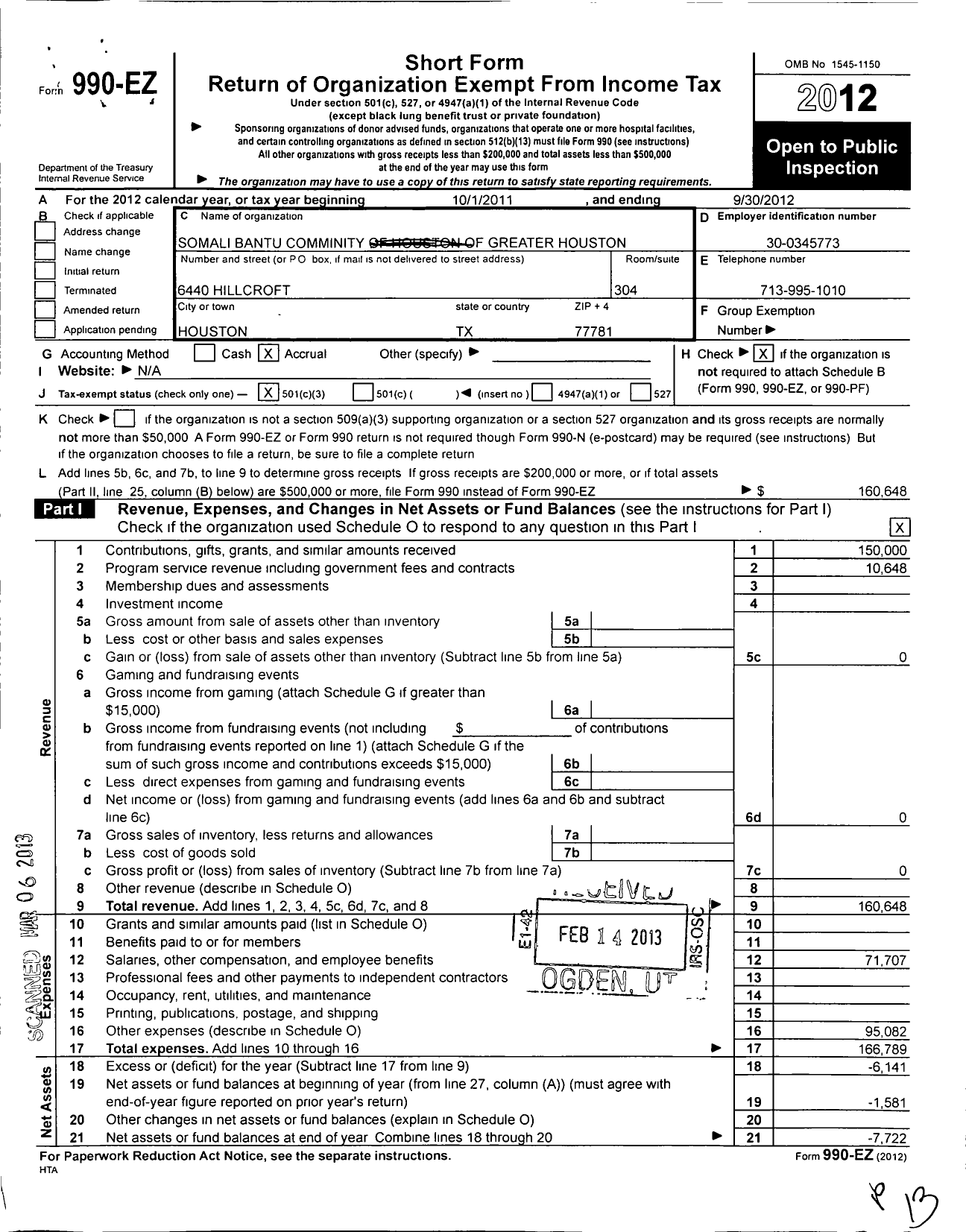 Image of first page of 2011 Form 990EZ for Somali Bantu Community of Greater Houston