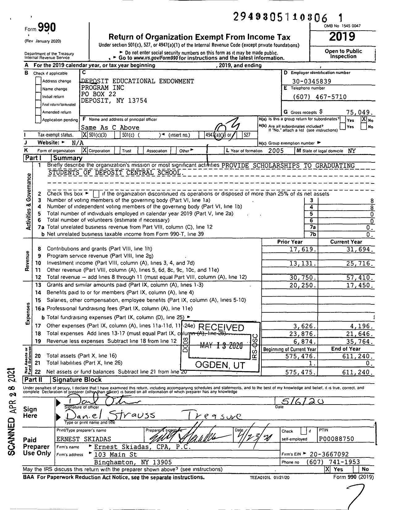 Image of first page of 2019 Form 990 for Deposit Educational Endowment Program