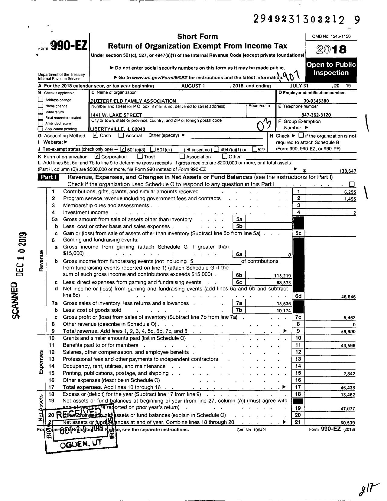 Image of first page of 2018 Form 990EZ for Butterfield Family Association
