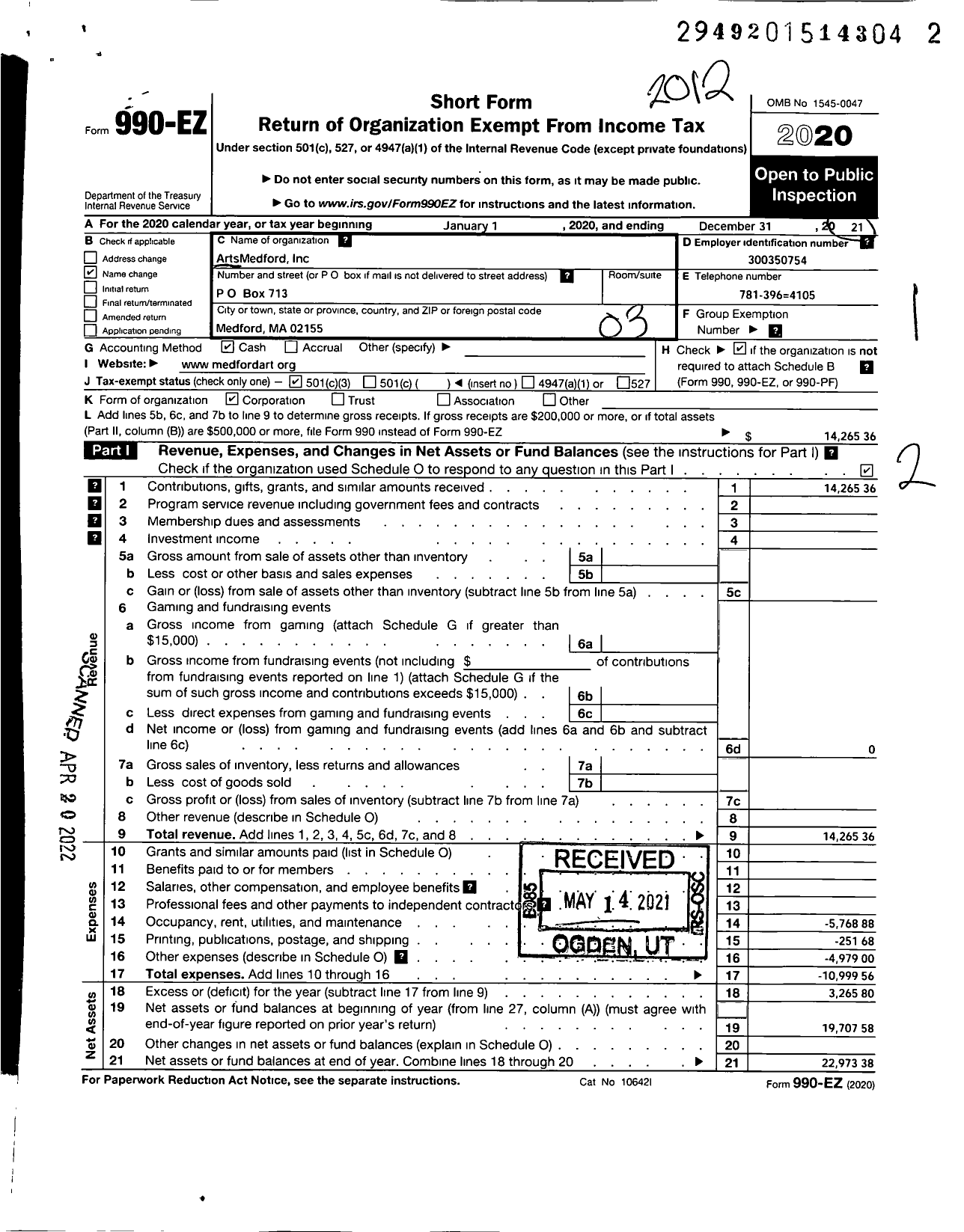 Image of first page of 2020 Form 990EZ for ArtsMedford