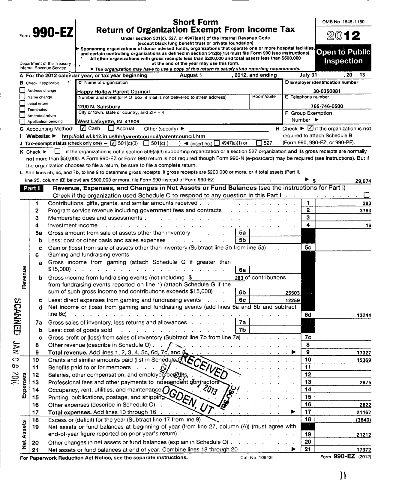 Image of first page of 2012 Form 990EZ for West Lafayette Intermediate School Parent Council