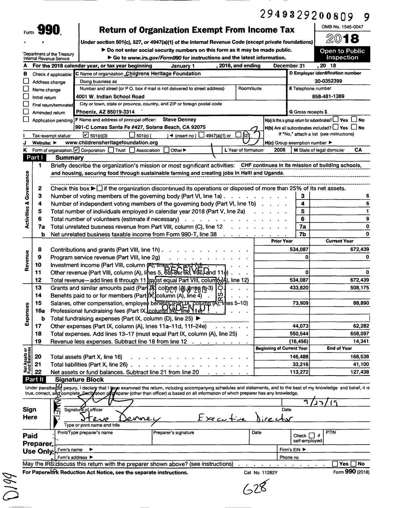 Image of first page of 2018 Form 990 for Childrens Heritage Foundation