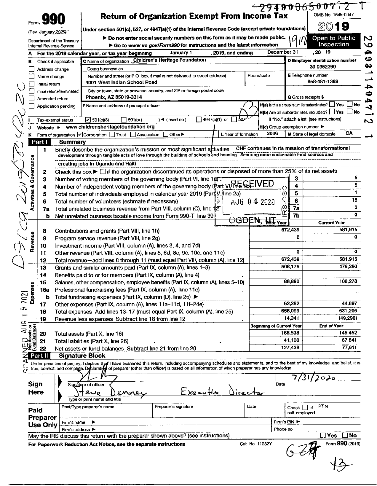 Image of first page of 2019 Form 990 for Childrens Heritage Foundation