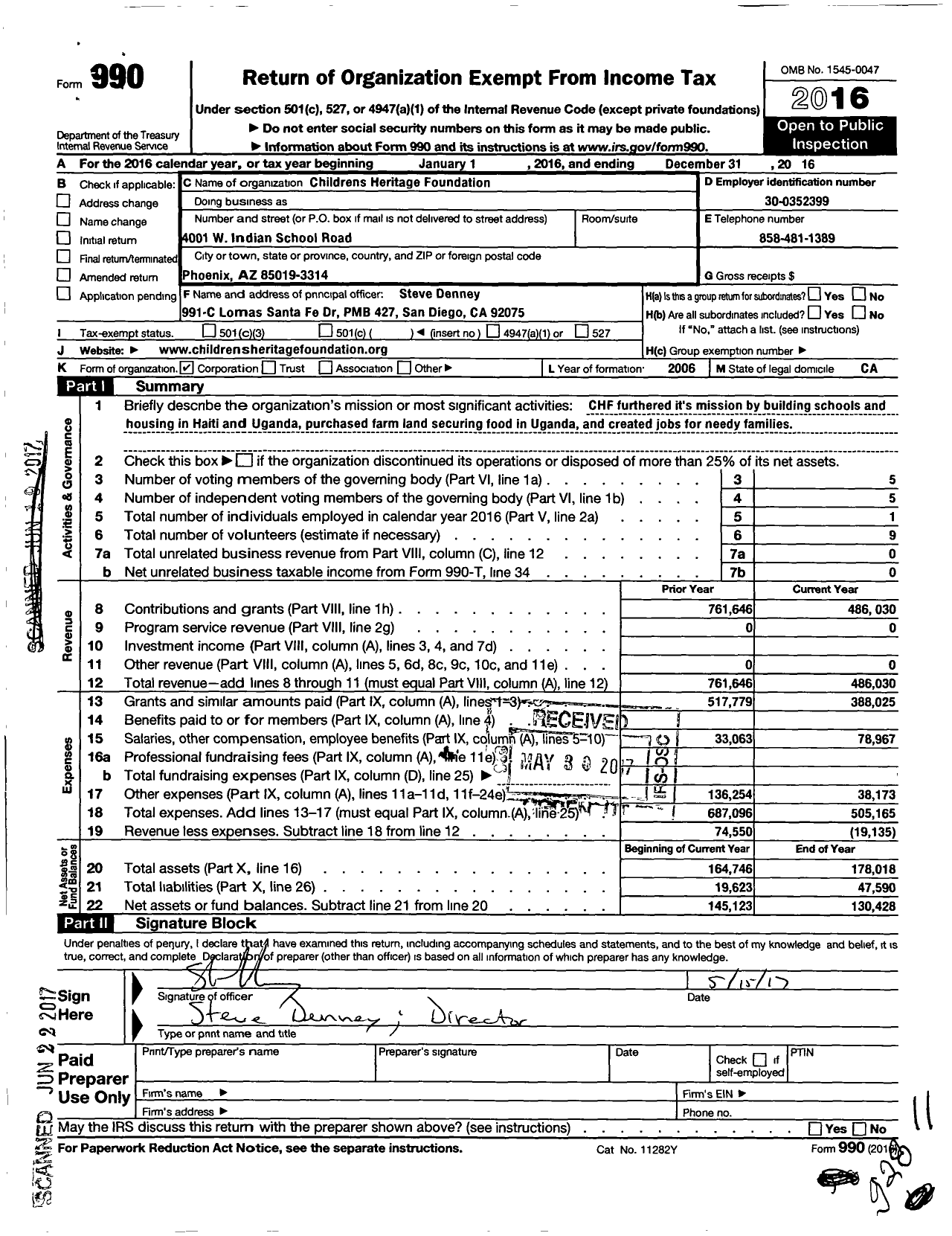 Image of first page of 2016 Form 990O for Childrens Heritage Foundation