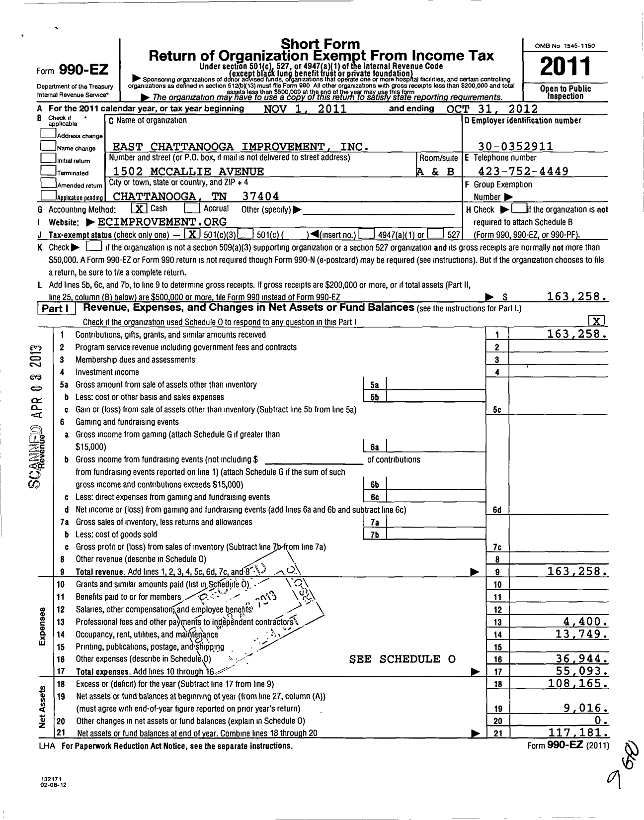 Image of first page of 2011 Form 990EZ for East Chattanooga Improvement