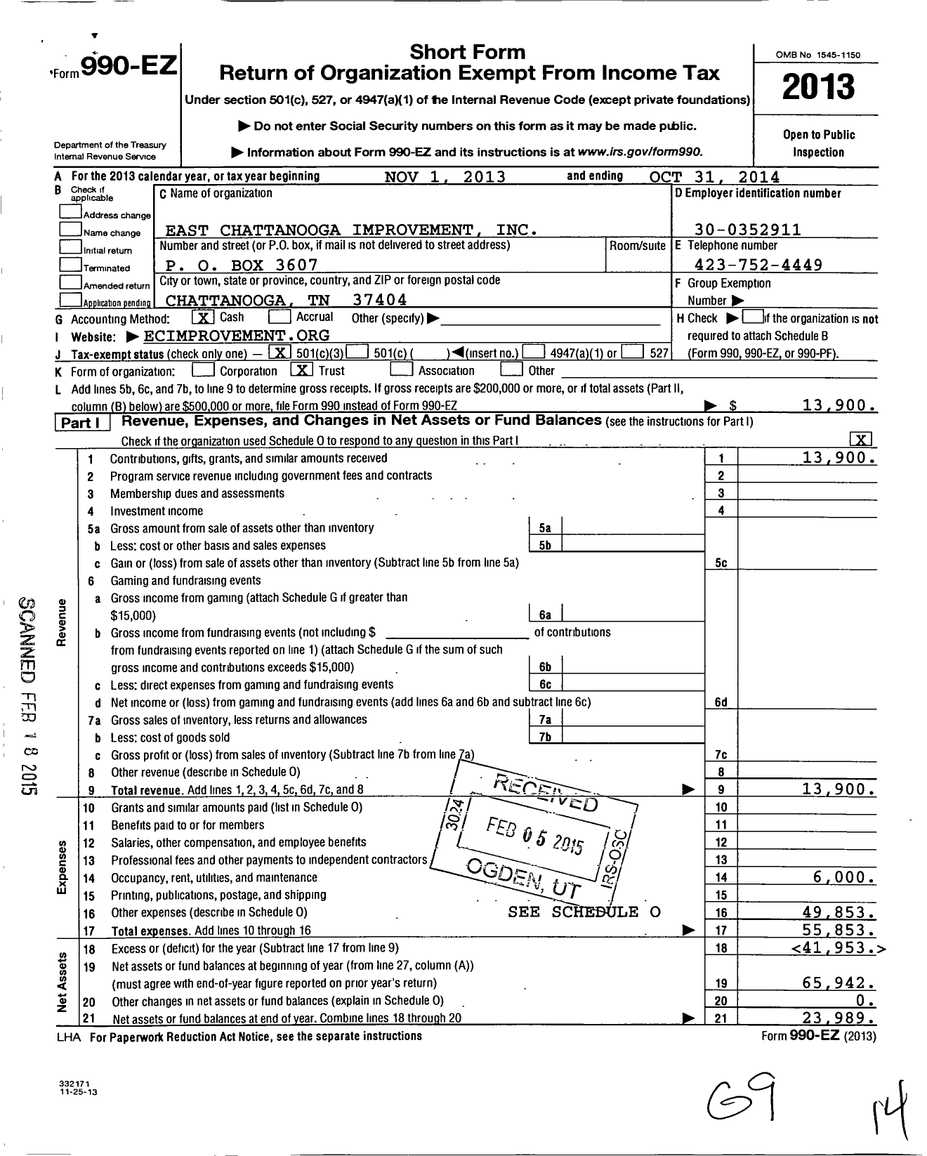 Image of first page of 2013 Form 990EZ for East Chattanooga Improvement