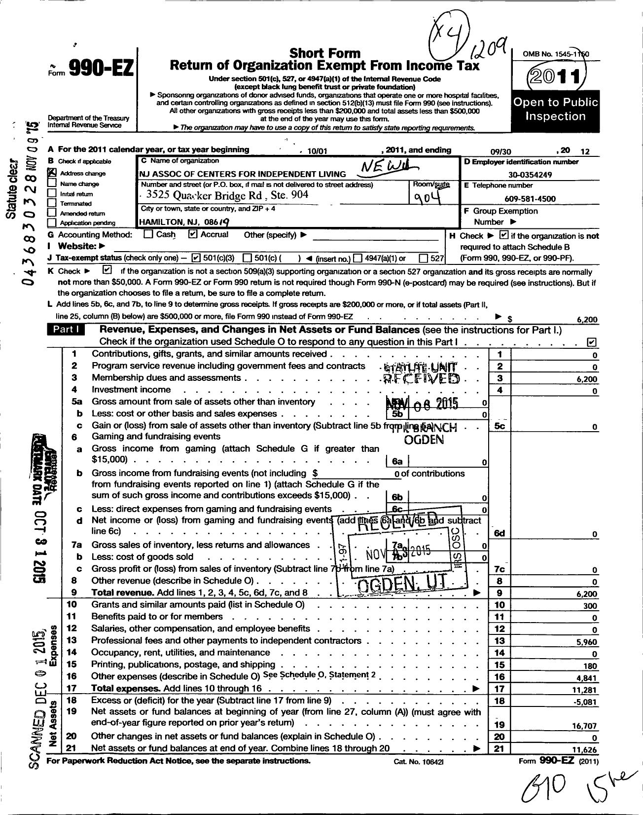 Image of first page of 2011 Form 990EZ for New Jersey Association for Centers for Independent Living